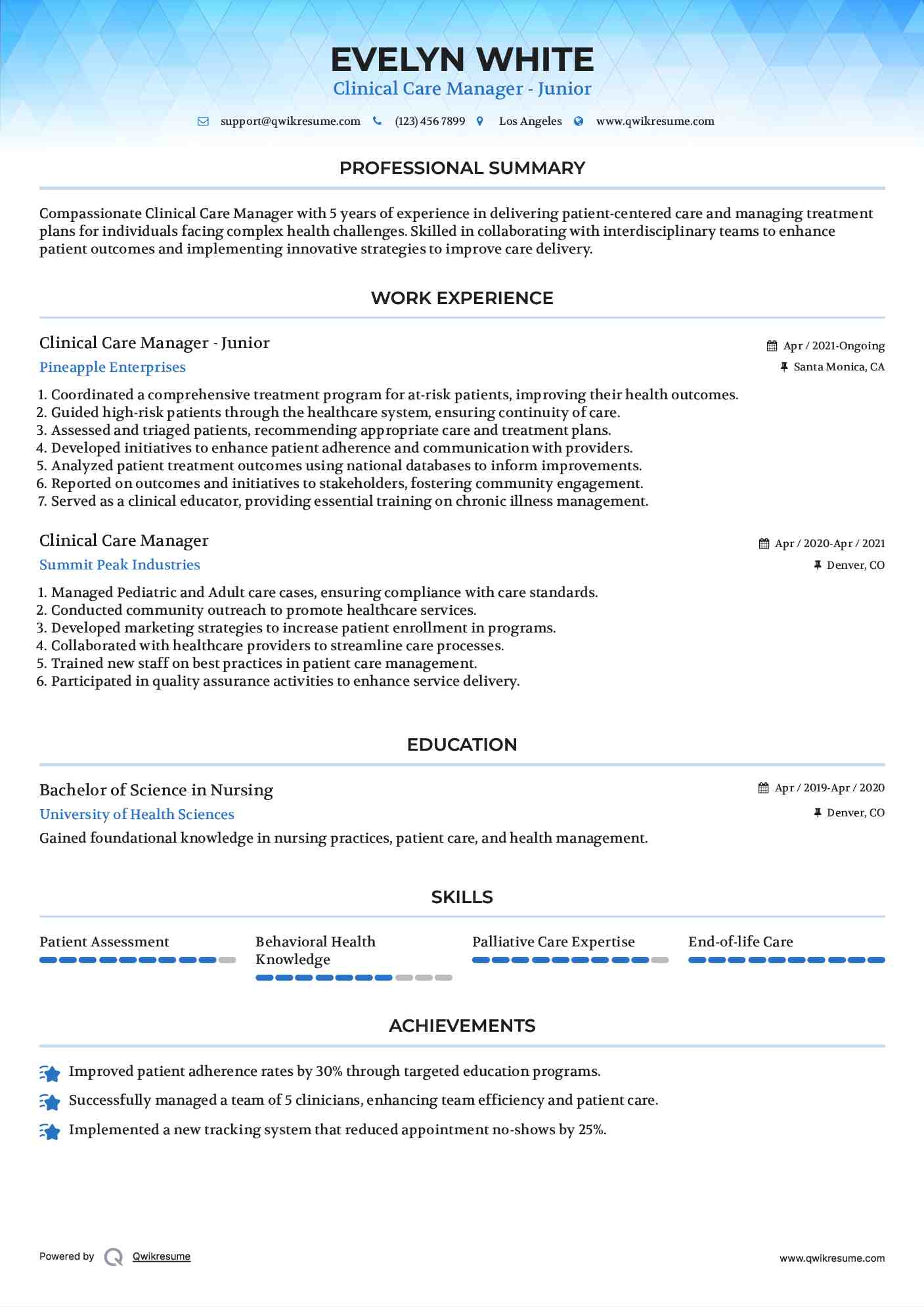 Clinical Care Manager - Junior Resume Sample