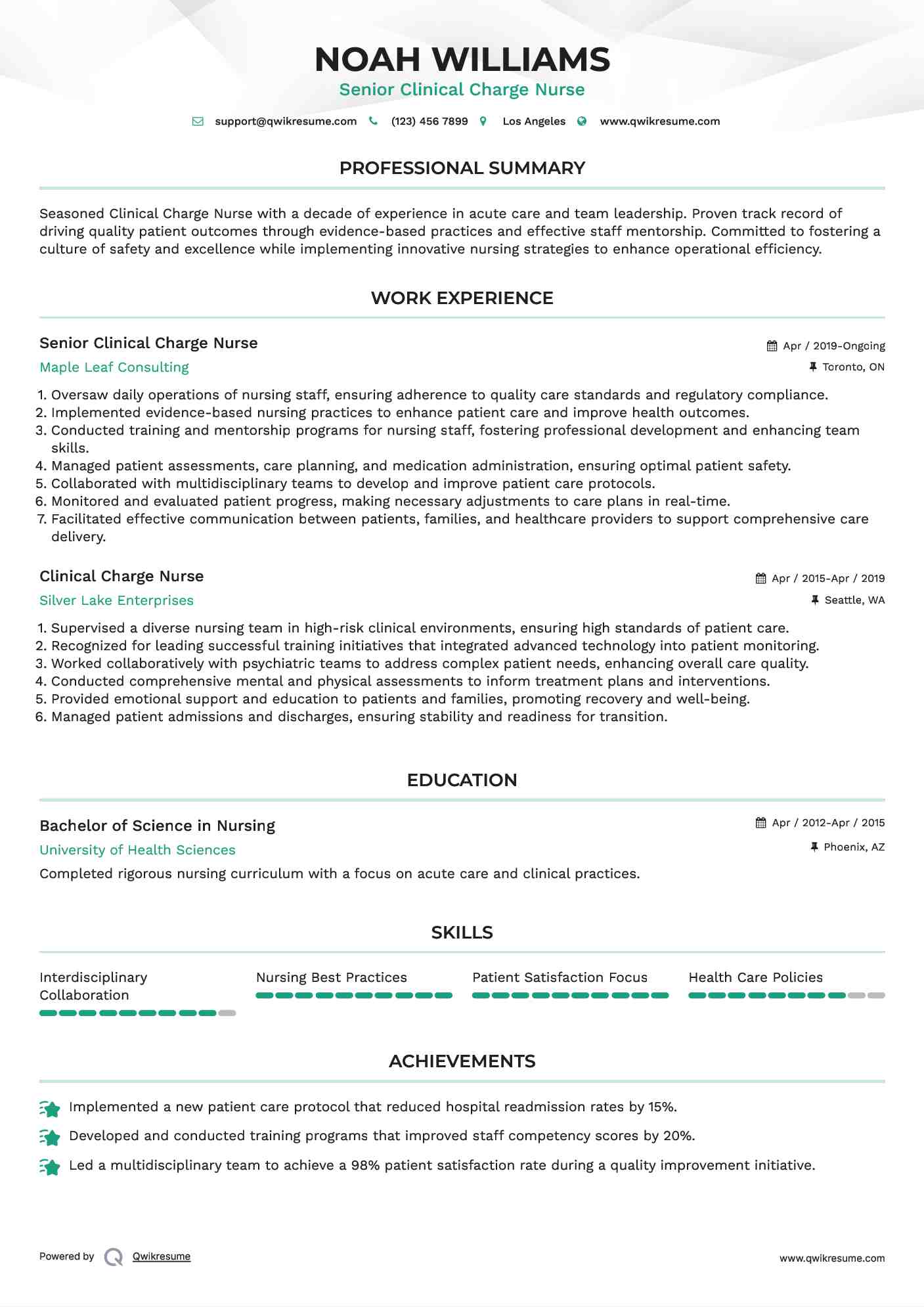 Senior Clinical Charge Nurse  Resume Model