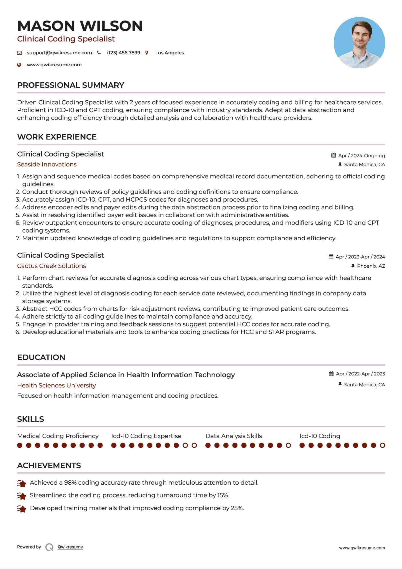 Clinical Coding Specialist Resume Format