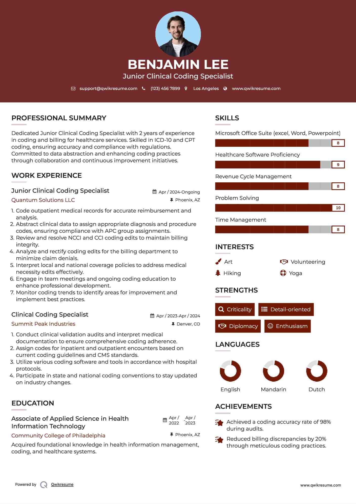 Junior Clinical Coding Specialist Resume Format