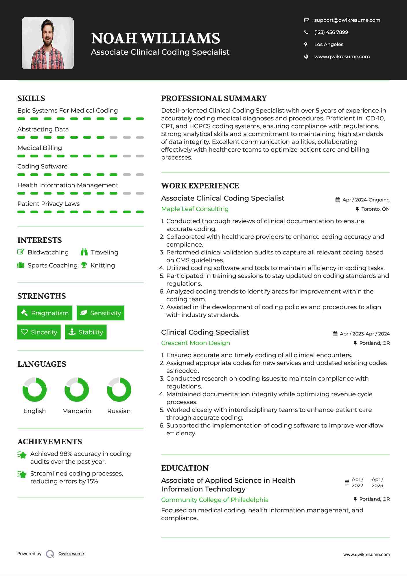 Associate Clinical Coding Specialist Resume Example