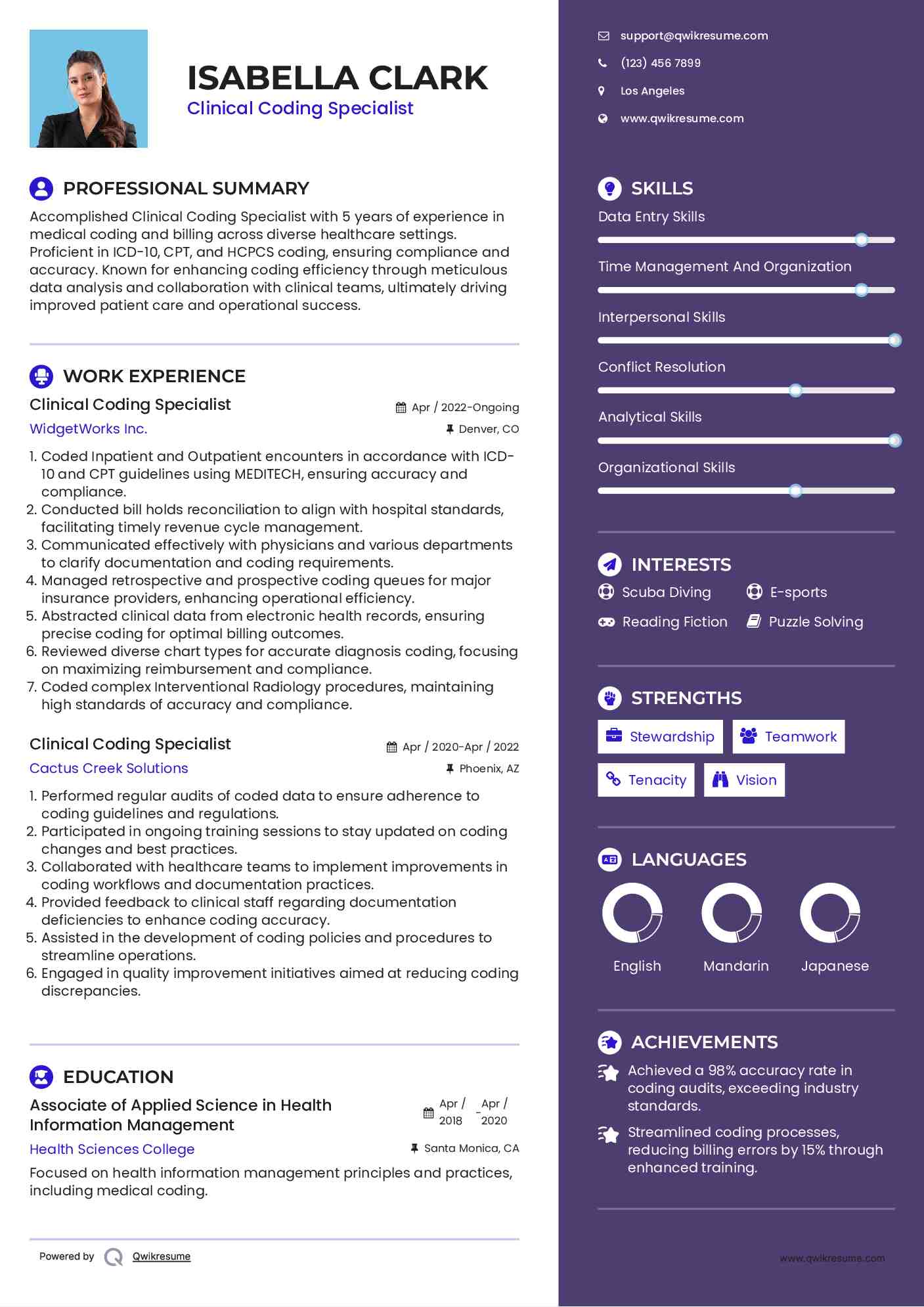 Clinical Coding Specialist Resume Example