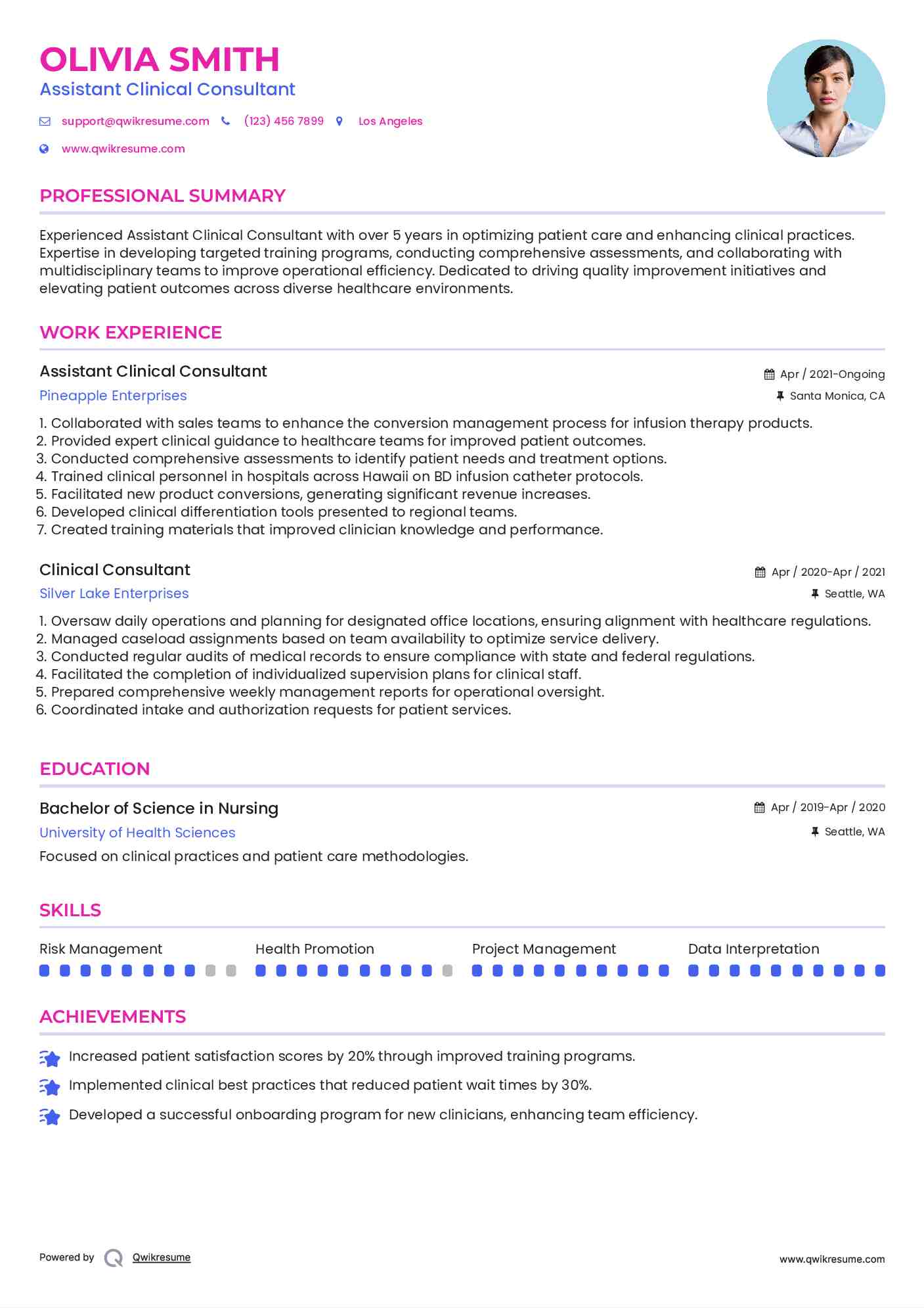 Assistant Clinical Consultant  Resume Sample