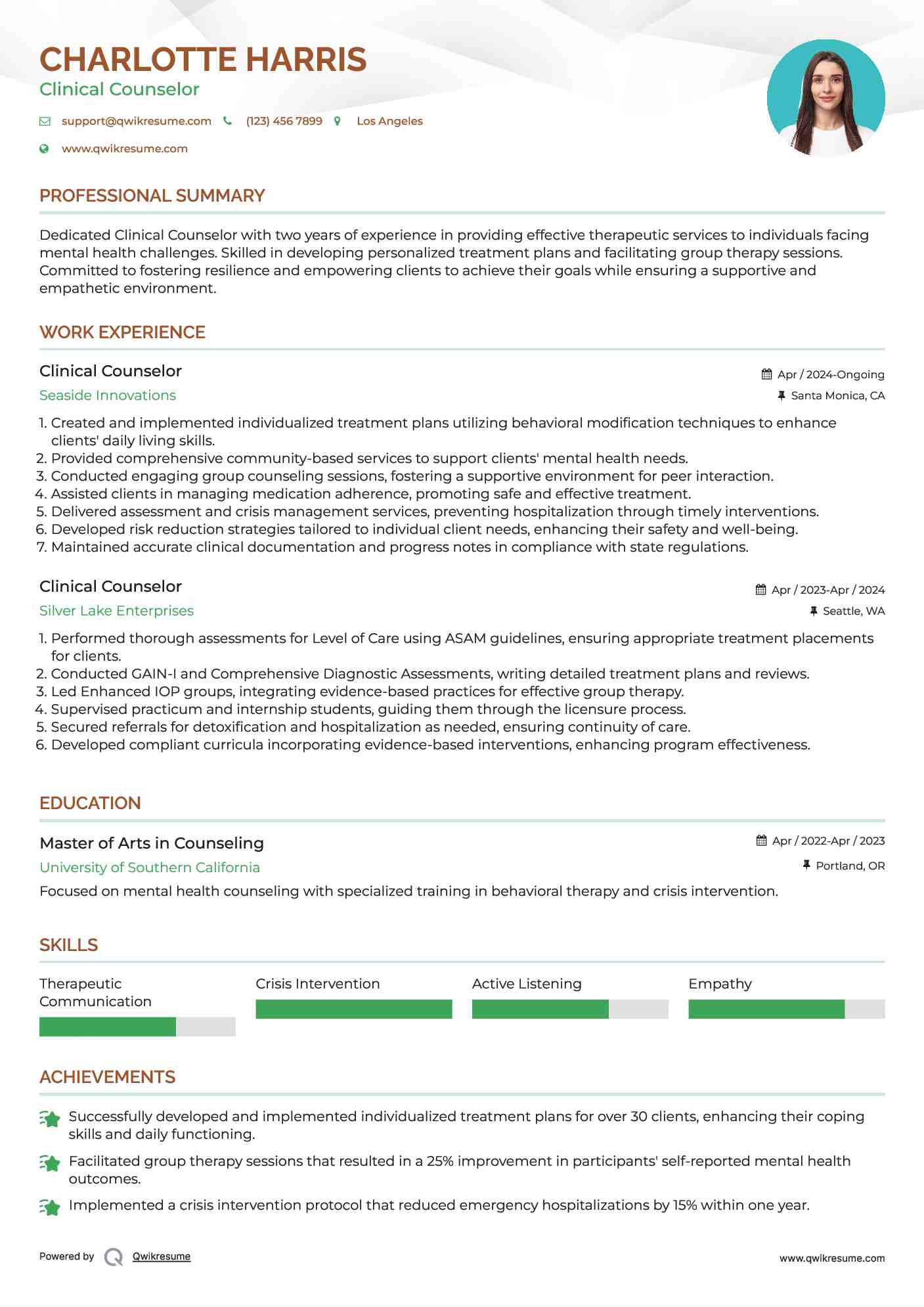 Clinical Counselor Resume Example