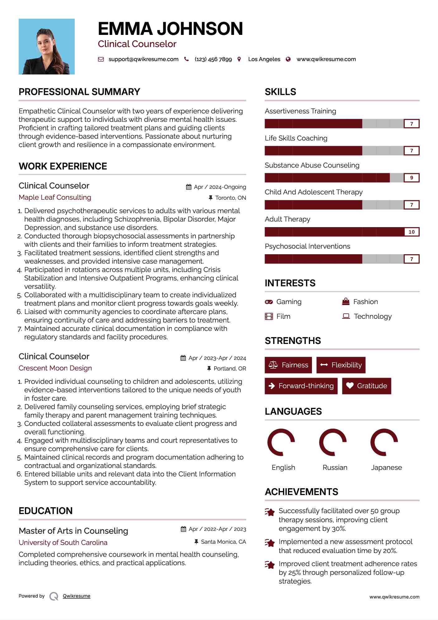 Clinical Counselor Resume Model