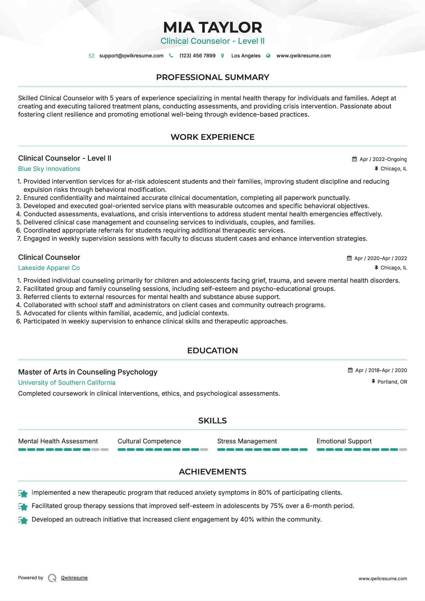 Clinical Counselor - Level II Resume Model