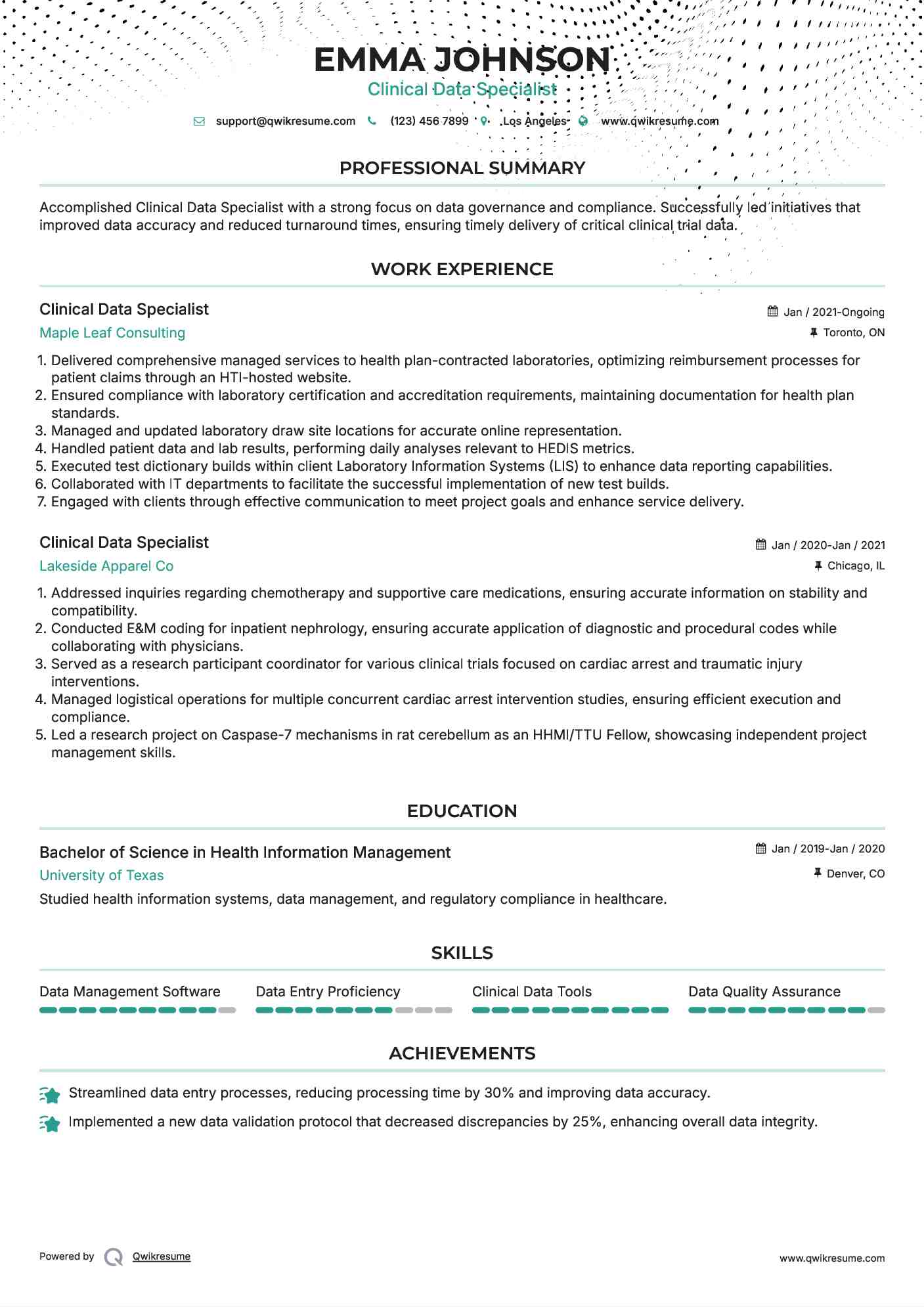 Clinical Data Specialist Resume Format