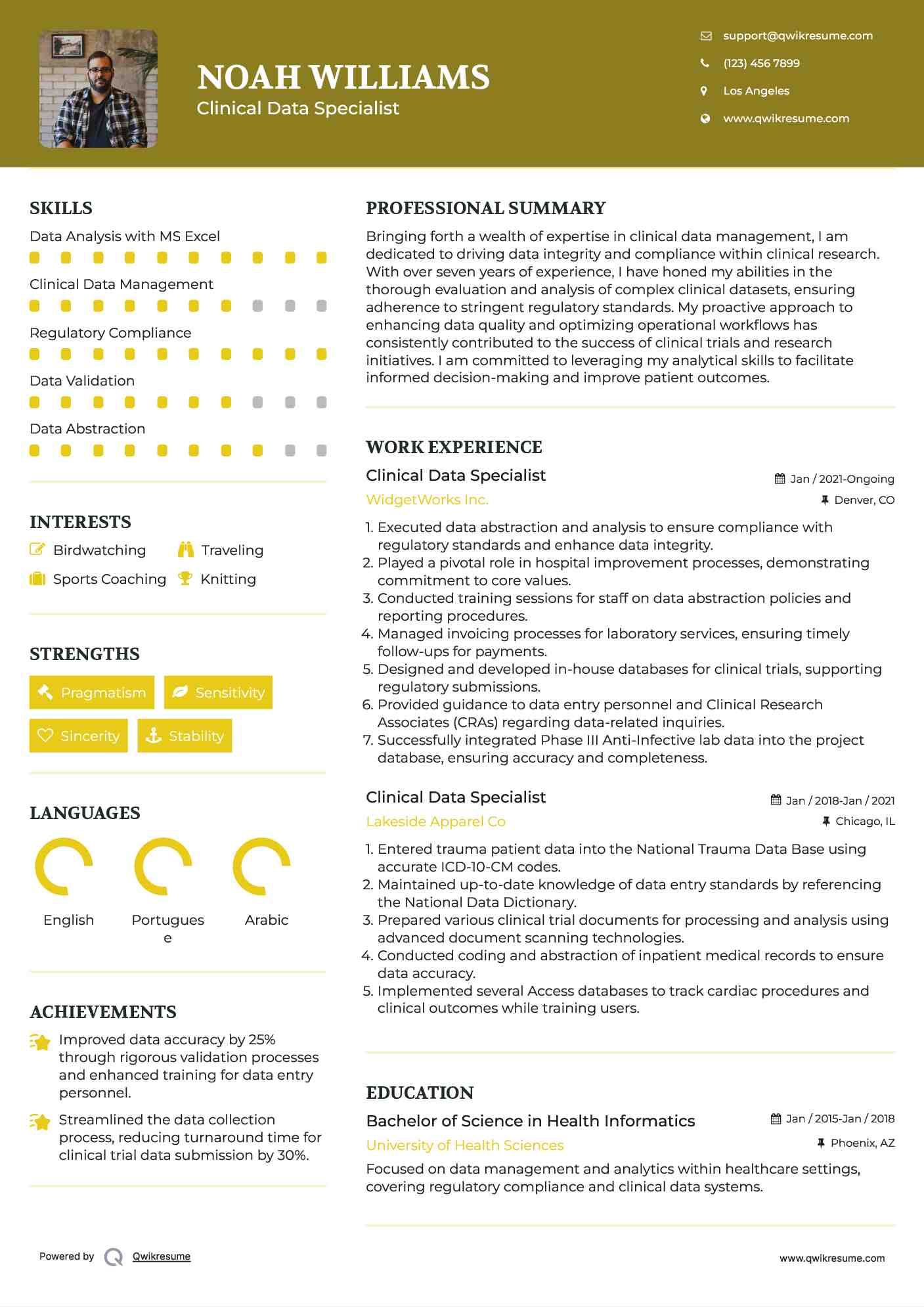 Clinical Data Specialist Resume Example