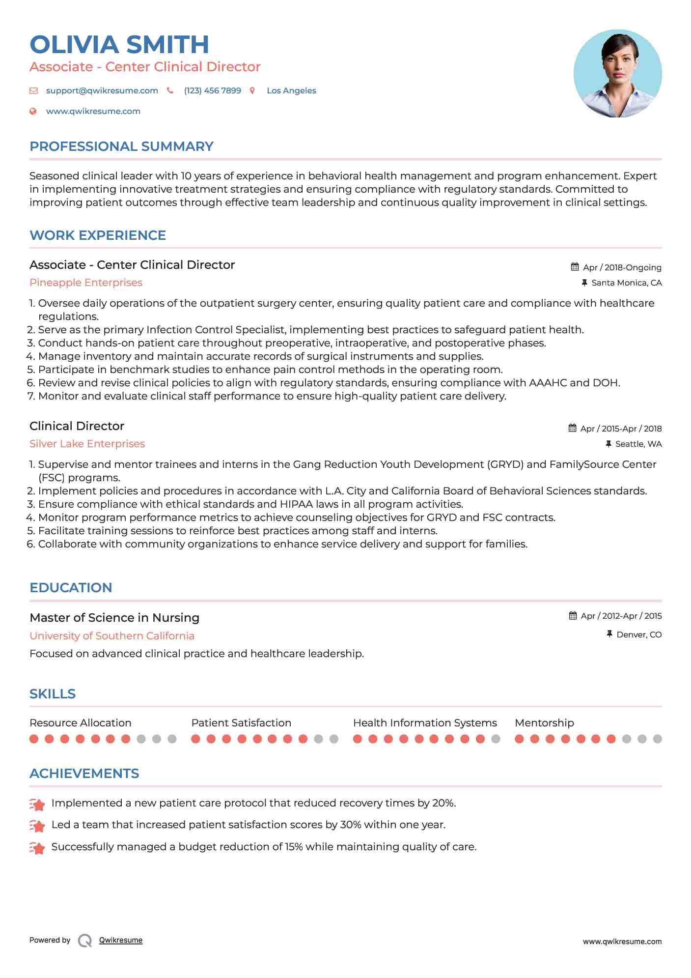 Associate - Center Clinical Director
 Resume Template