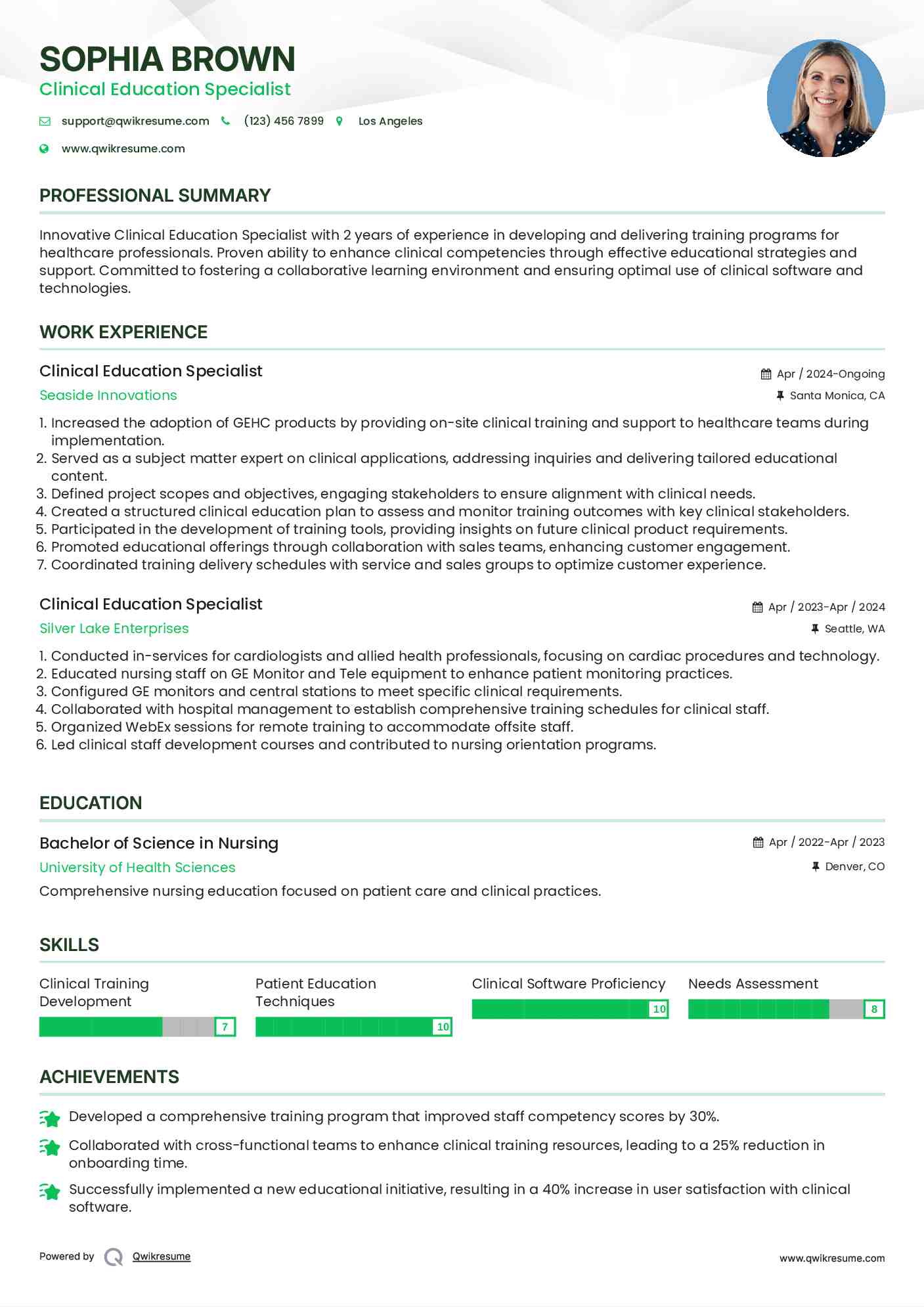 Clinical Education Specialist Resume Sample