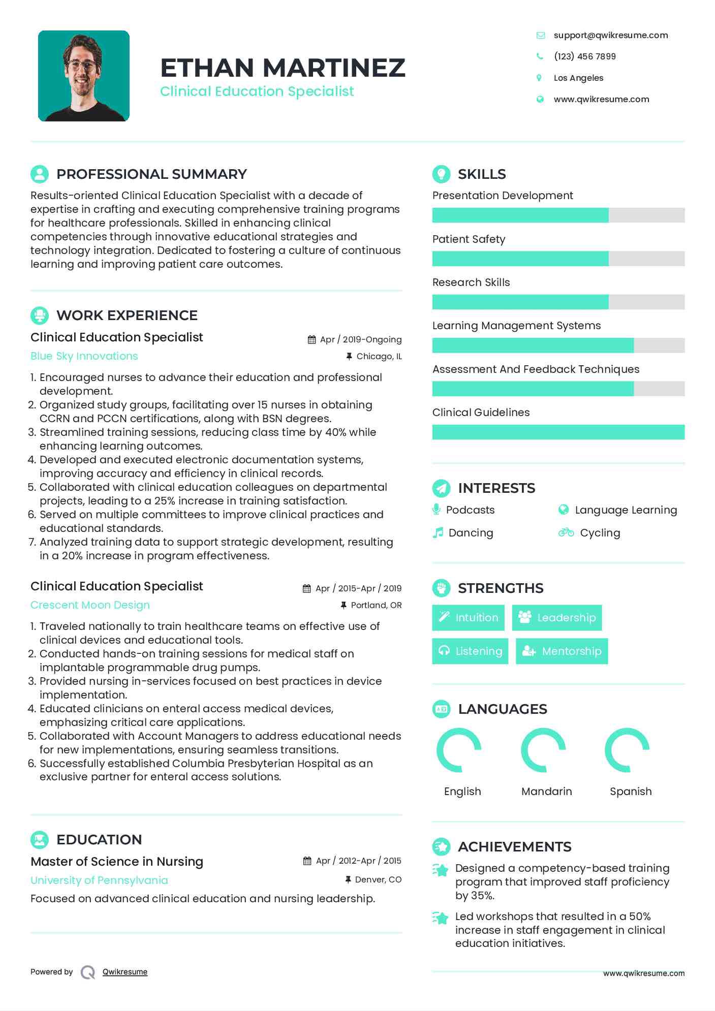 Clinical Education Specialist Resume Sample