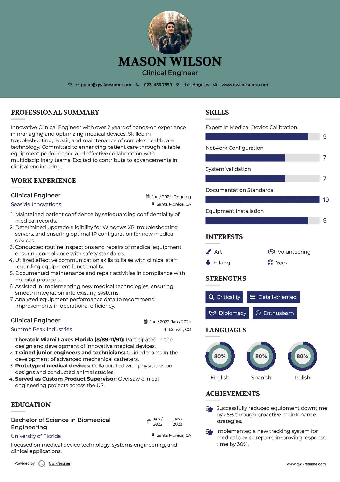 Clinical Engineer Resume Example