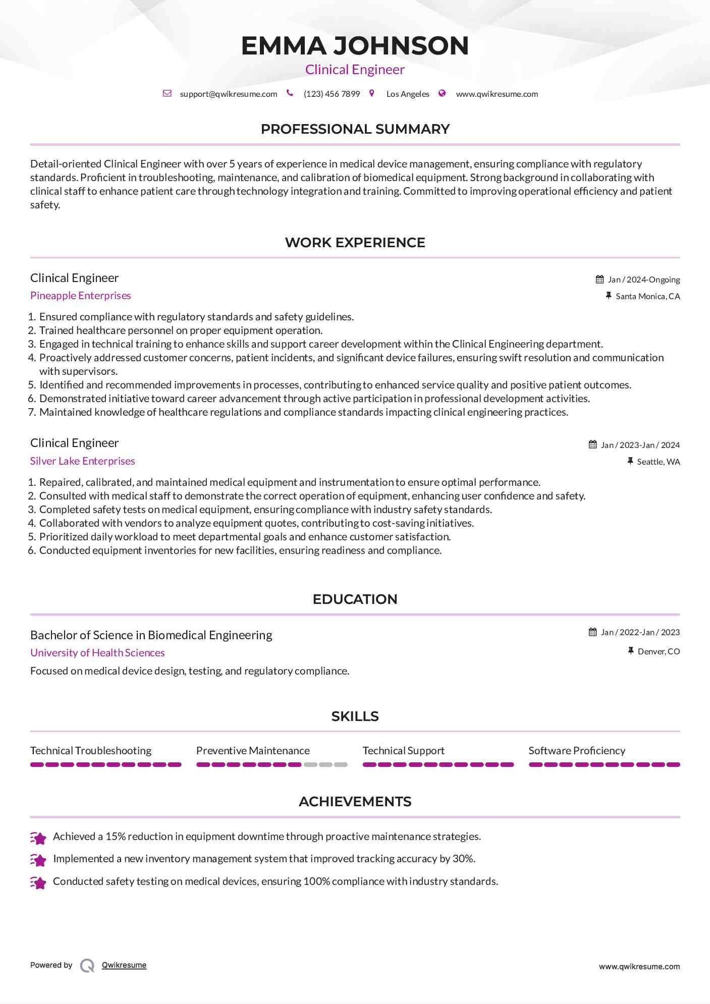 Clinical Engineer Resume Sample