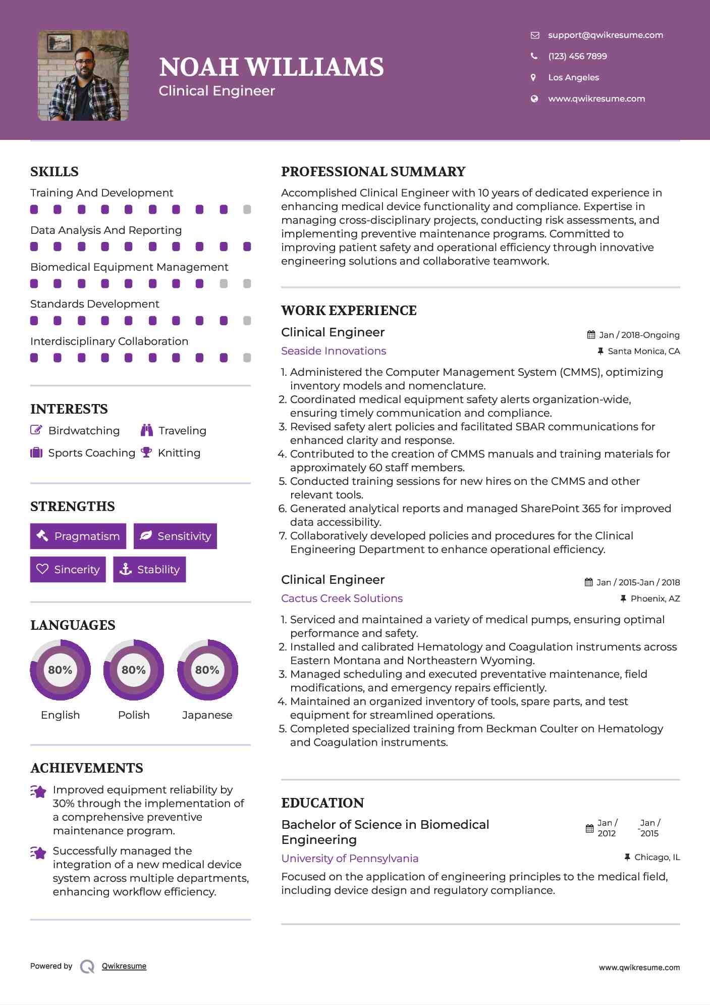 Clinical Engineer Resume Sample