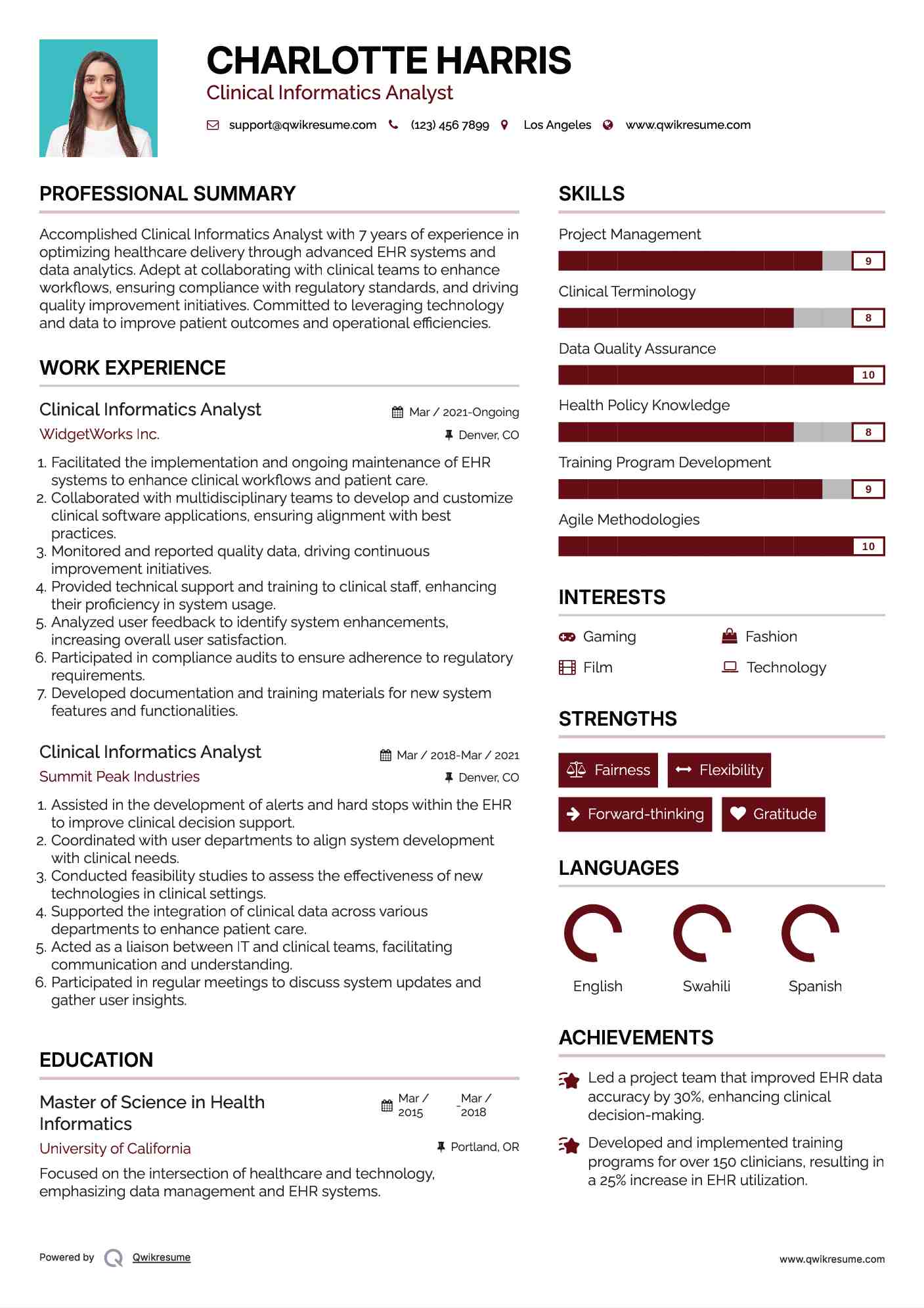 Clinical Informatics Analyst Resume Example
