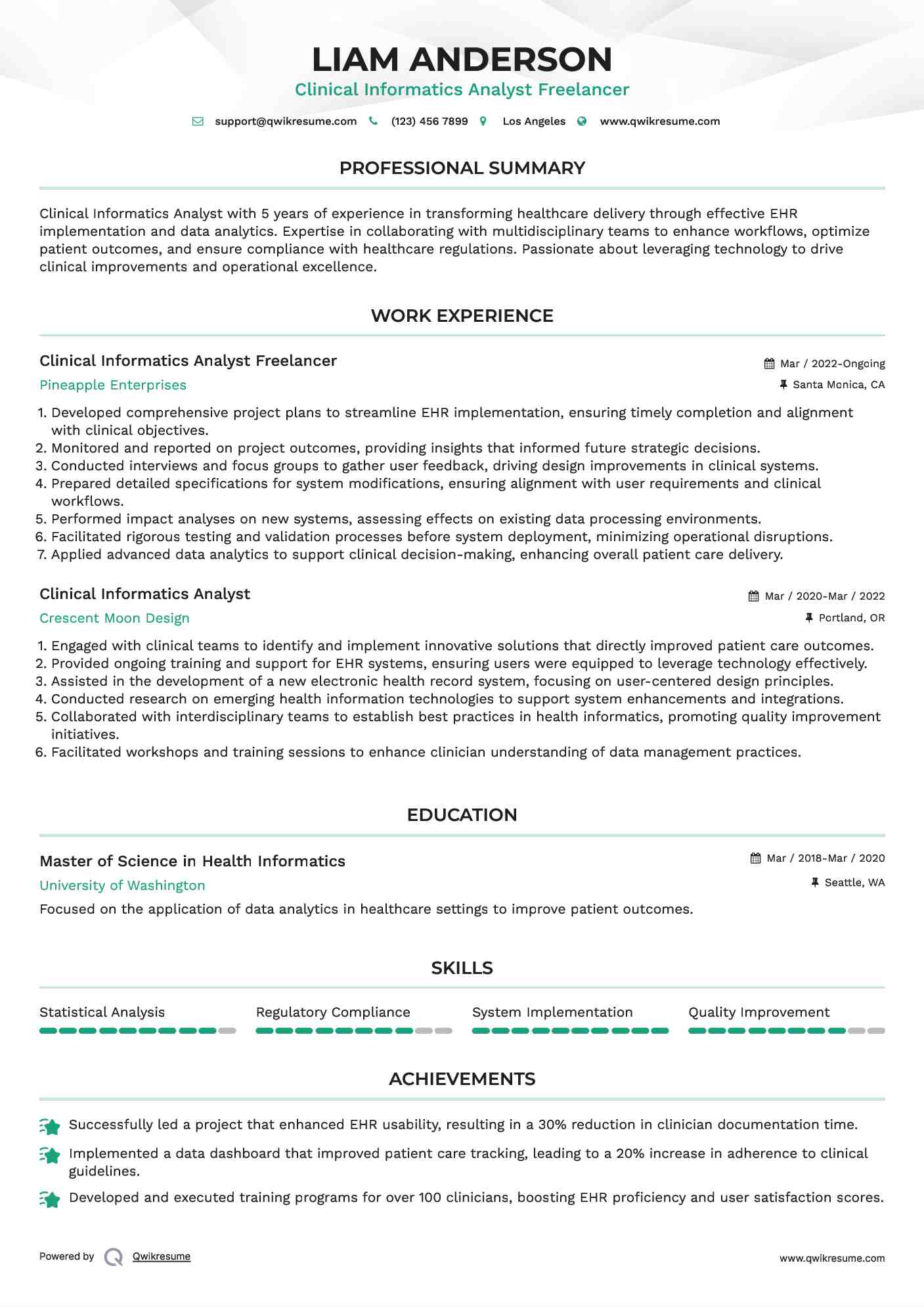 Clinical Informatics Analyst Freelancer Resume Sample