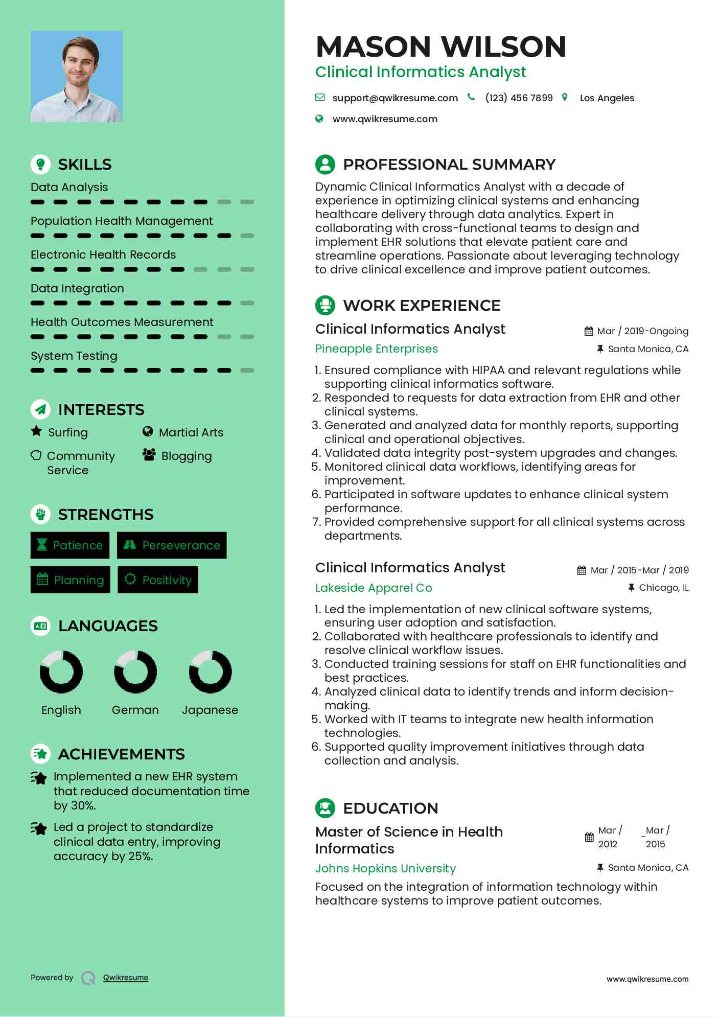 Clinical Informatics Analyst Resume Example