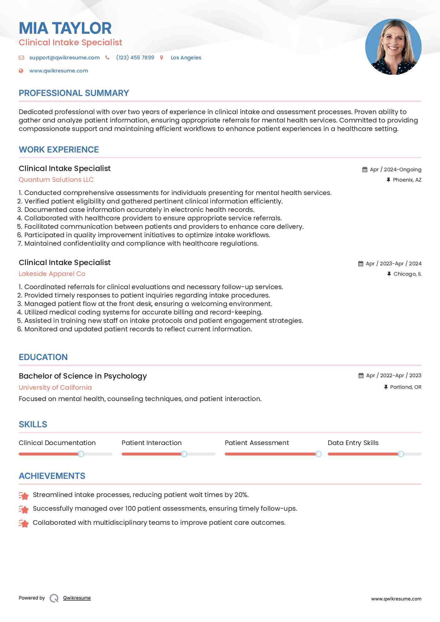 Clinical Intake Specialist Resume Example