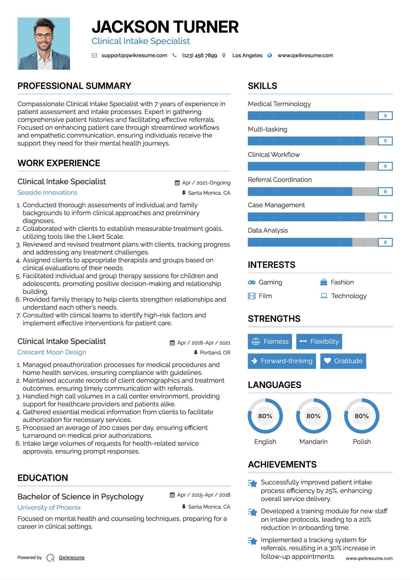 Clinical Intake Specialist Resume Template