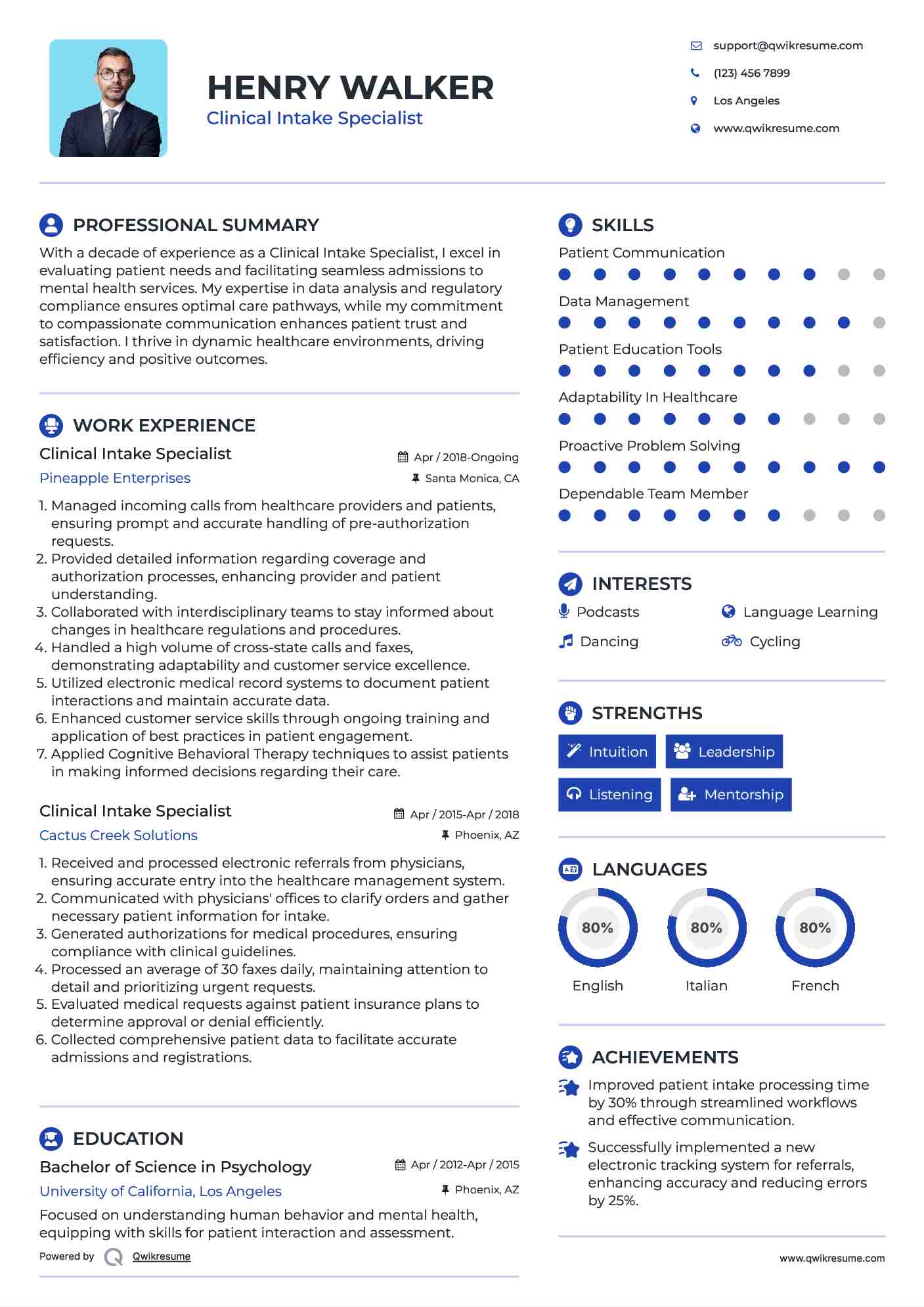Clinical Intake Specialist Resume Format