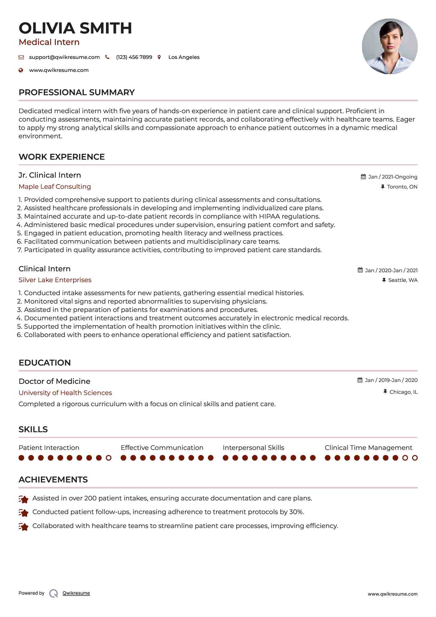Jr. Clinical Intern Resume Sample