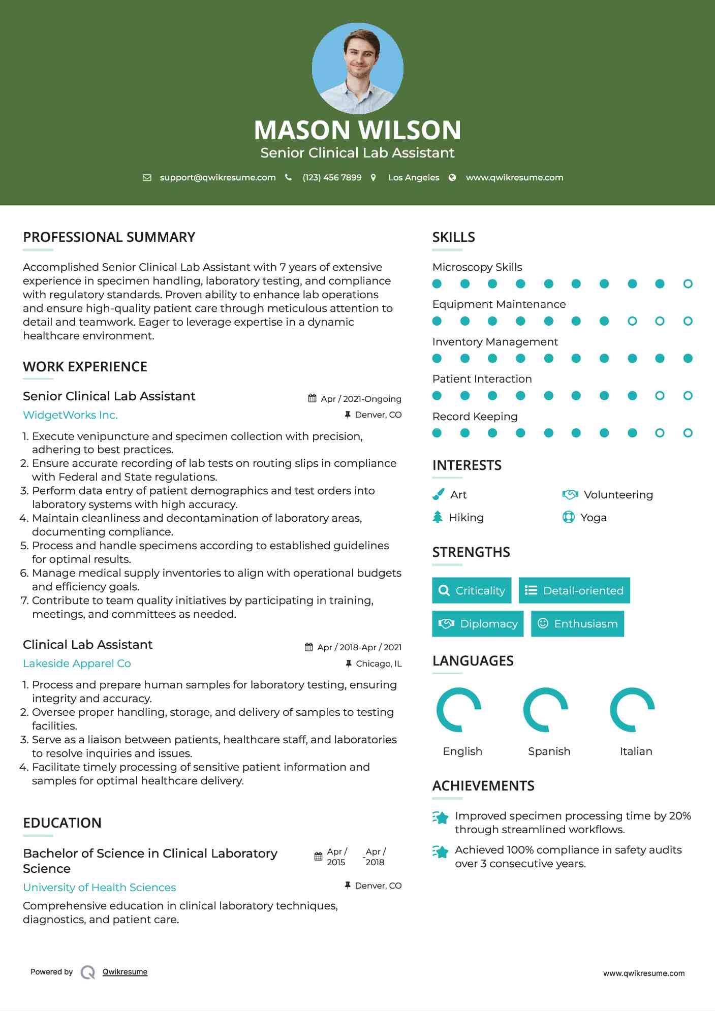 Senior Clinical Lab Assistant Resume Model