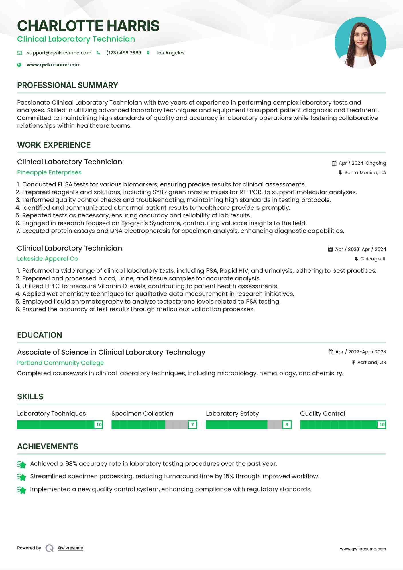 Clinical Laboratory Technician Resume Format