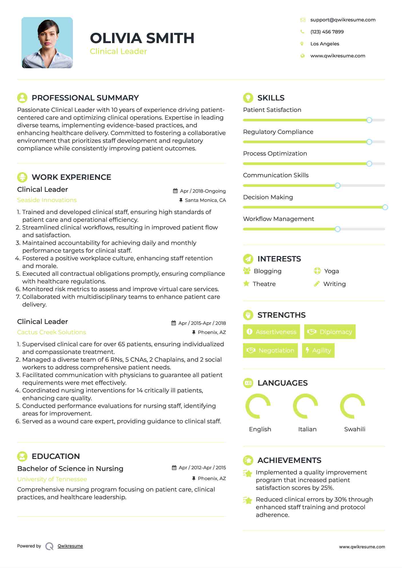 Clinical Leader Resume Sample