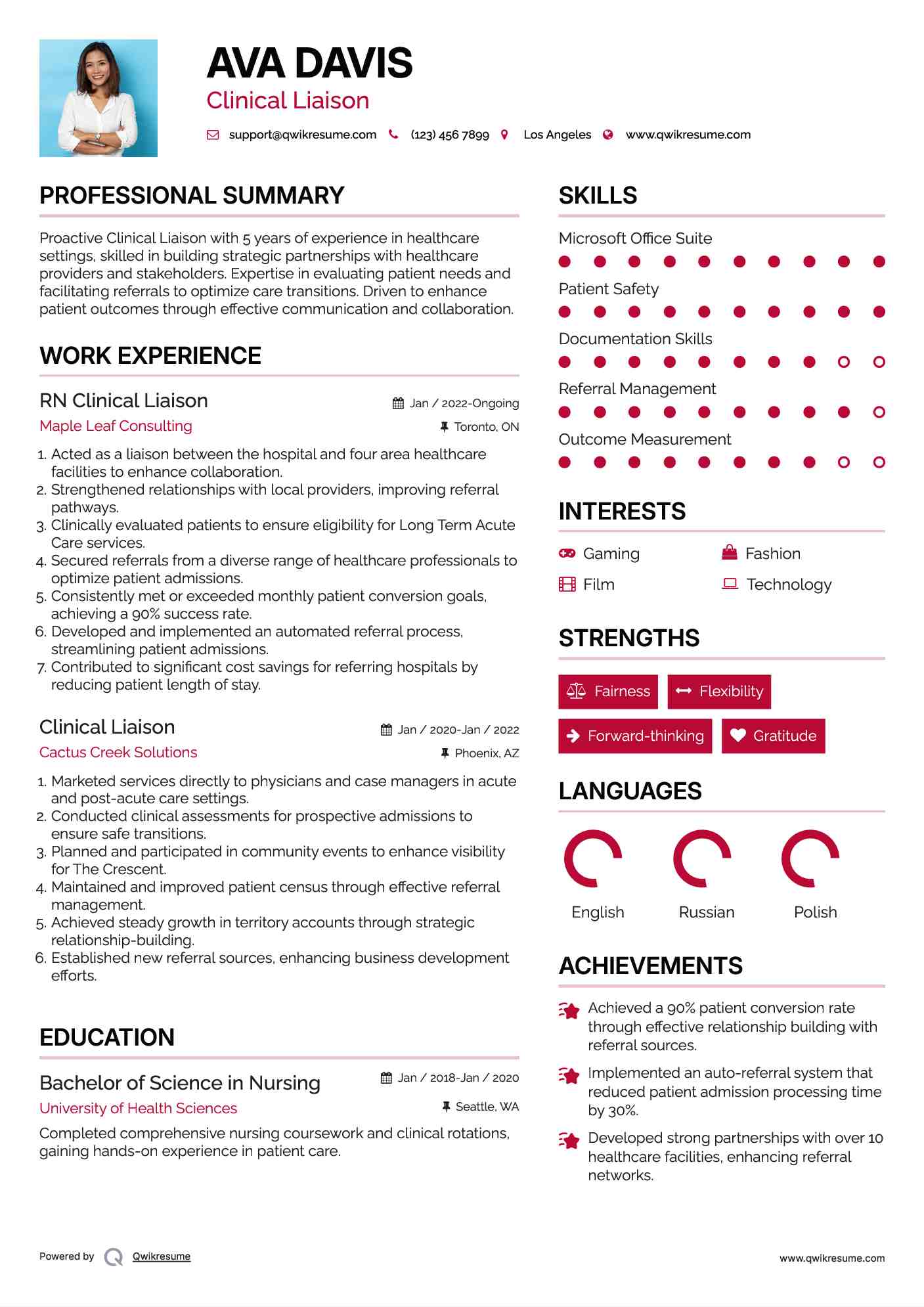 Clinical Liaison Resume Samples | QwikResume