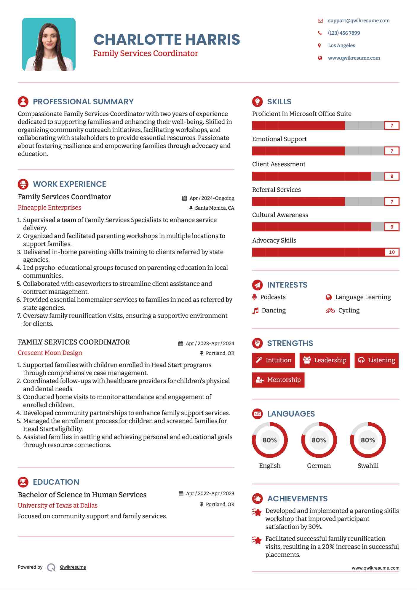 Family Services Coordinator Resume Template