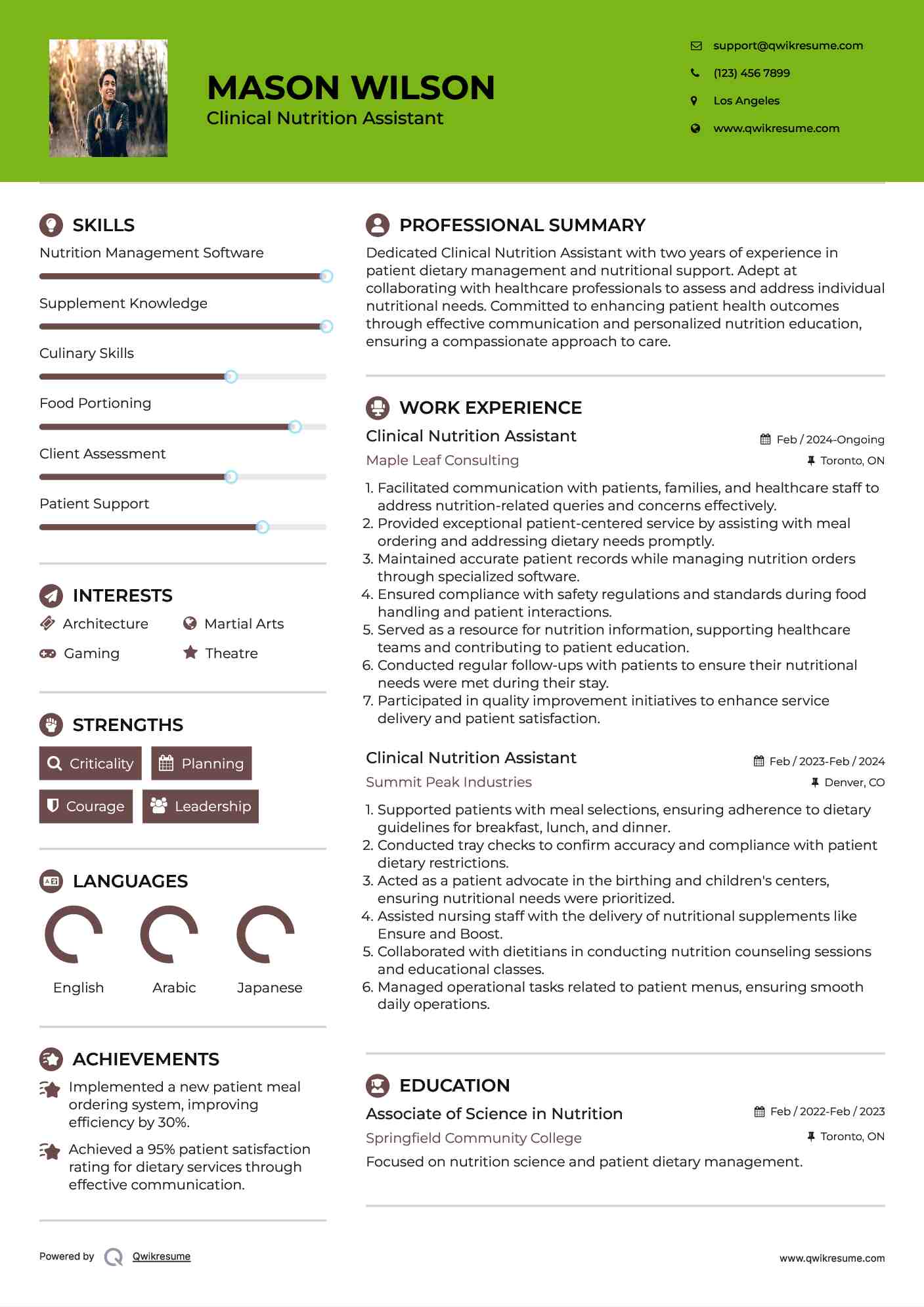 Clinical Nutrition Assistant Resume Sample