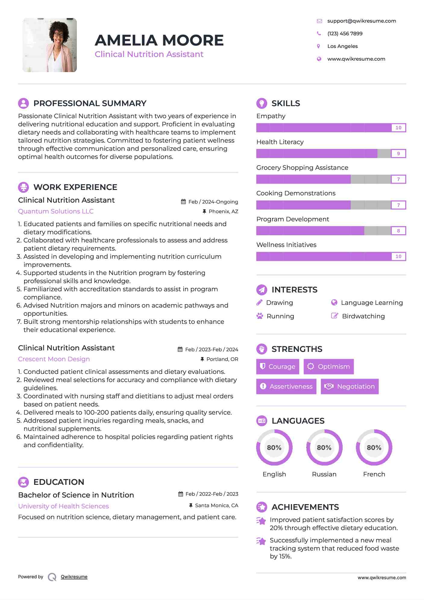 Clinical Nutrition Assistant Resume Samples QwikResume