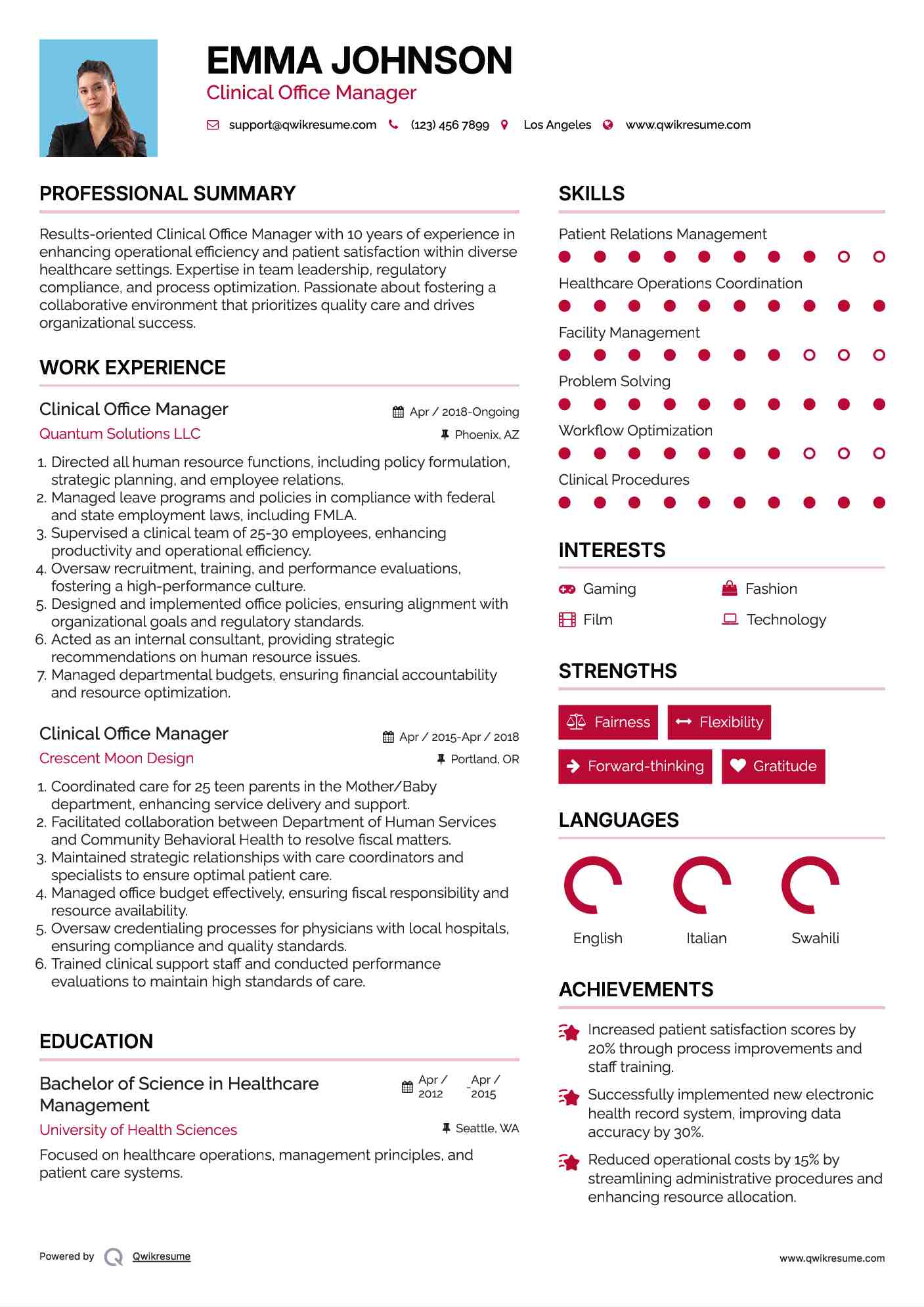 Clinical Office Manager Resume Template