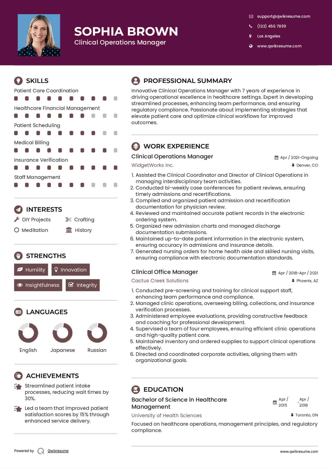 Clinical Operations Manager Resume Model