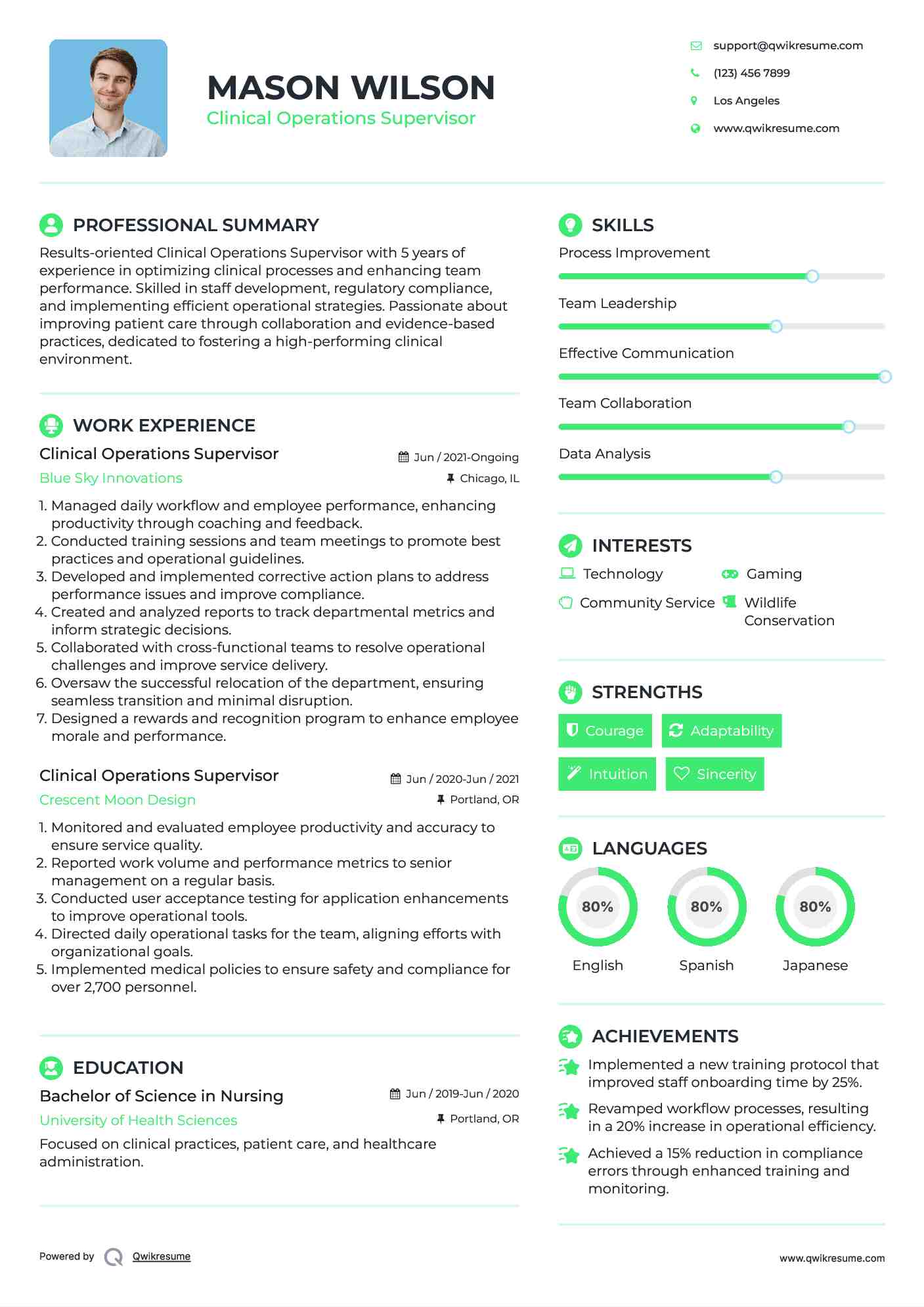 Clinical Operations Supervisor Resume Sample