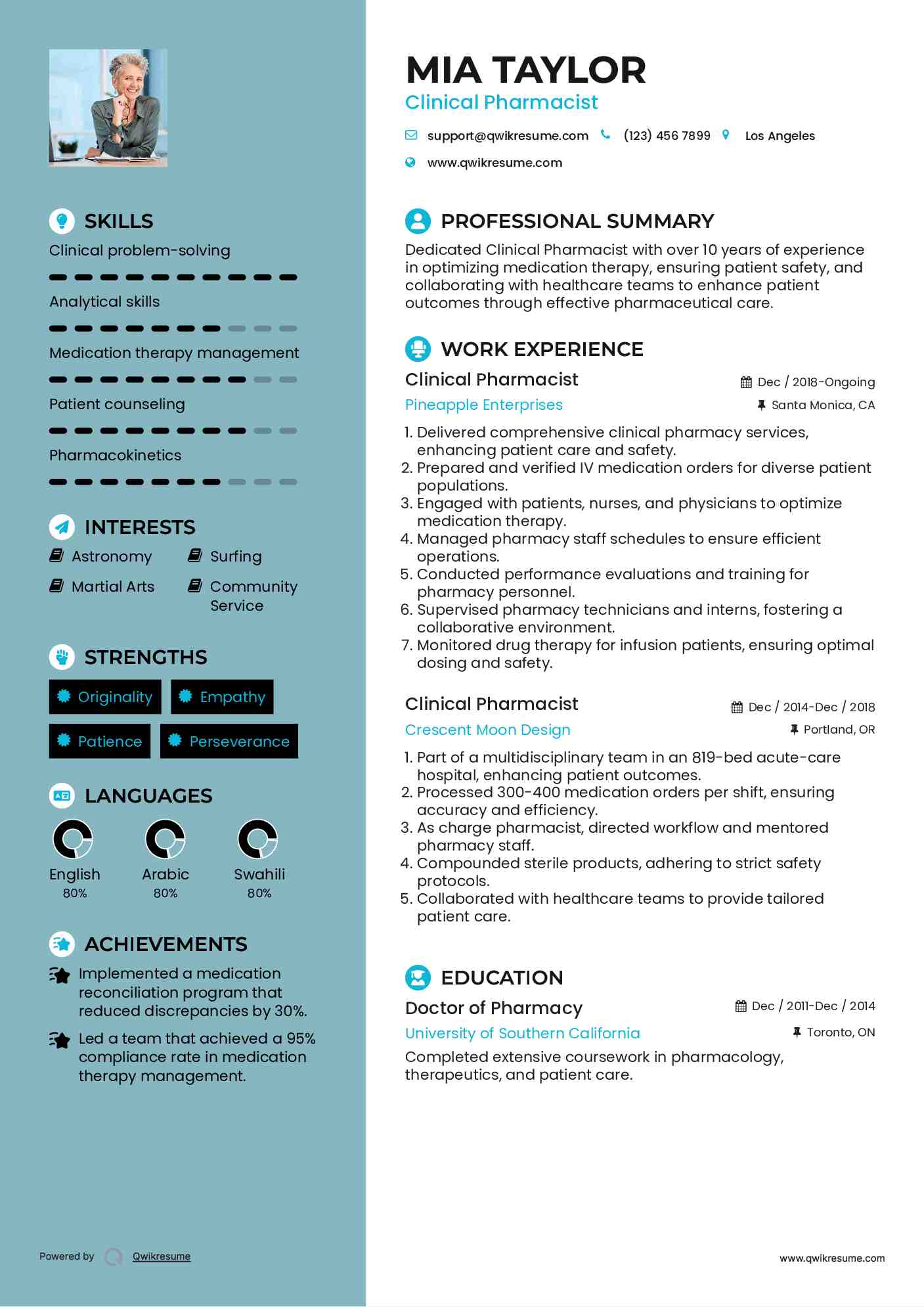 Clinical Pharmacist Resume Model