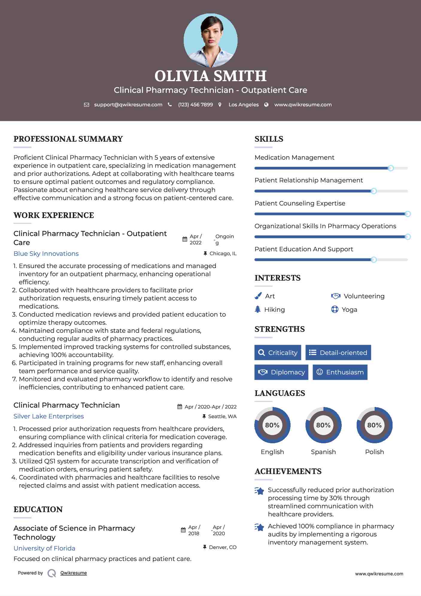Clinical Pharmacy Technician - Outpatient Care Resume Format