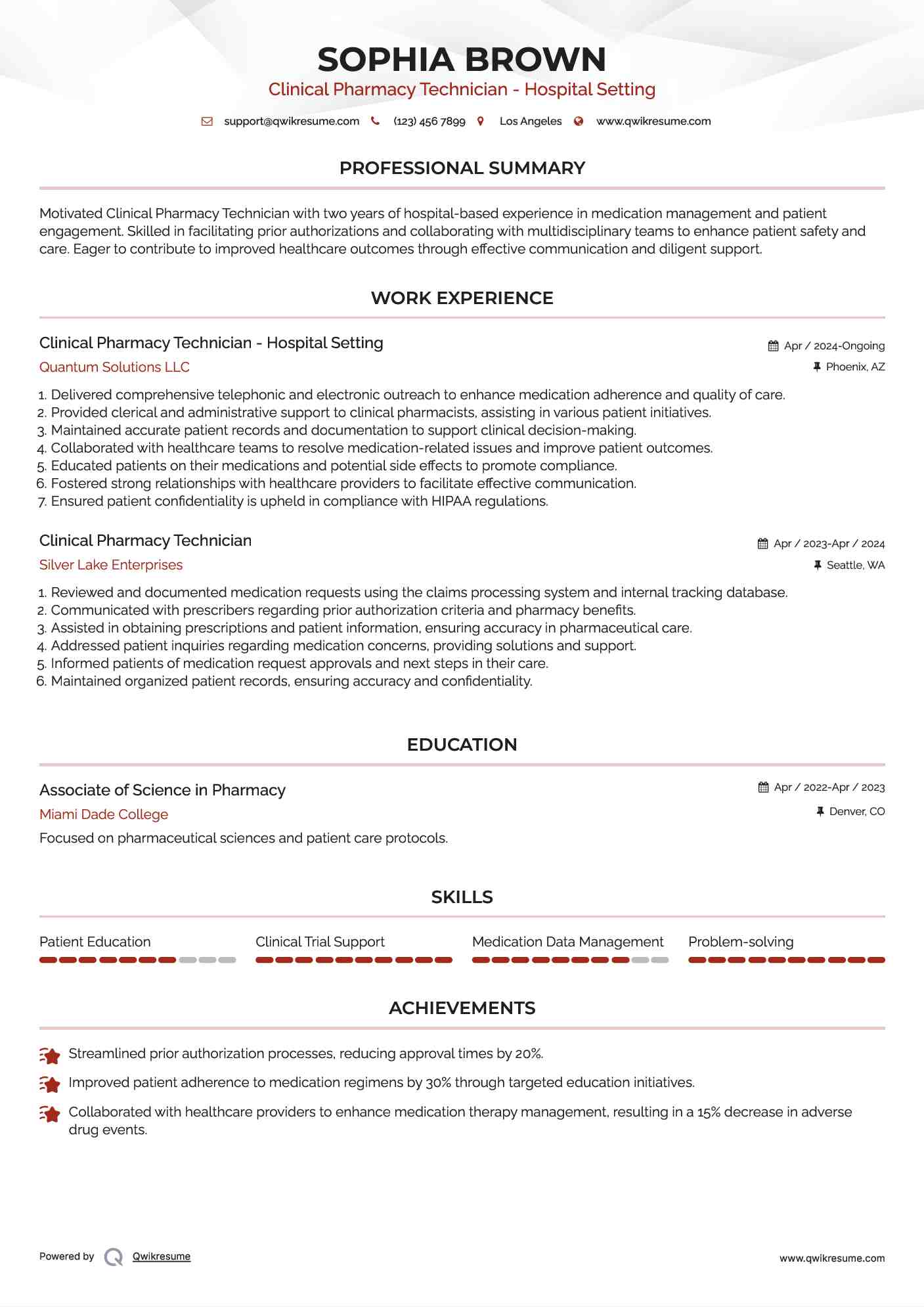 Clinical Pharmacy Technician - Hospital Setting Resume Model