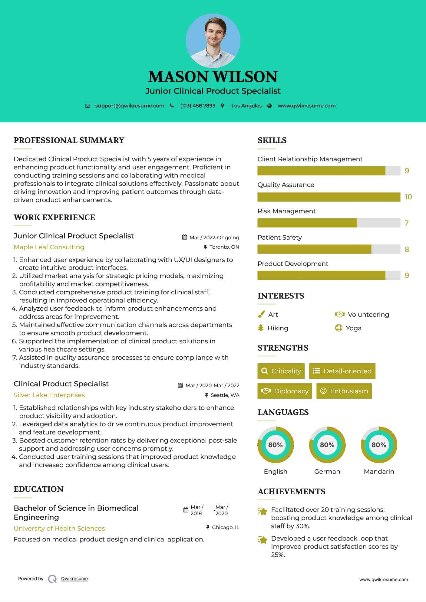 Junior Clinical Product Specialist Resume Sample