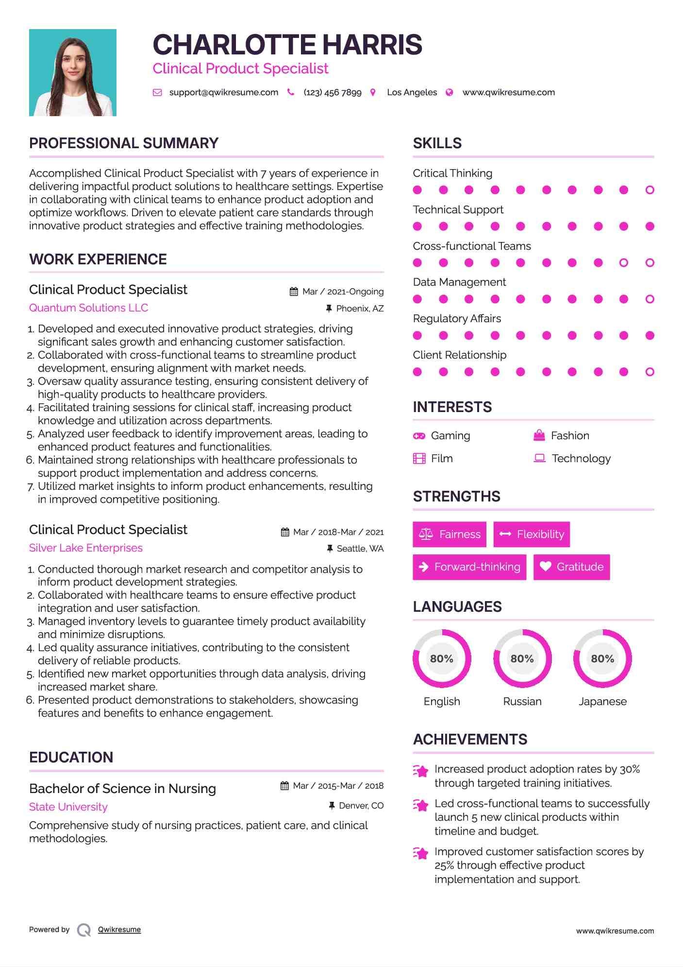 Clinical Product Specialist Resume Example