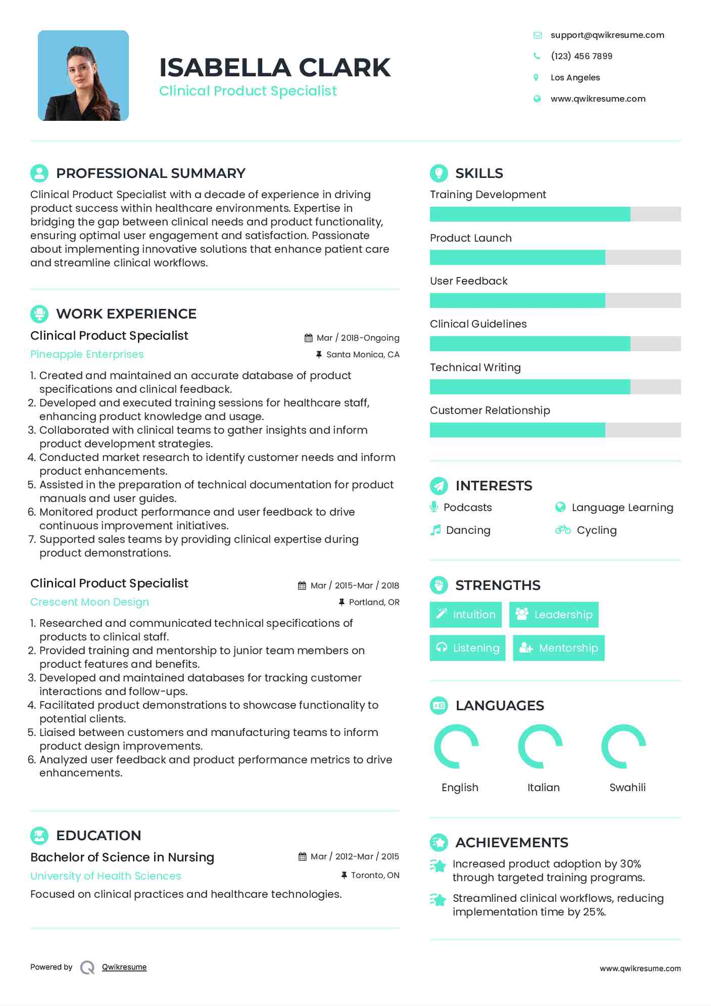 Clinical Product Specialist Resume Template