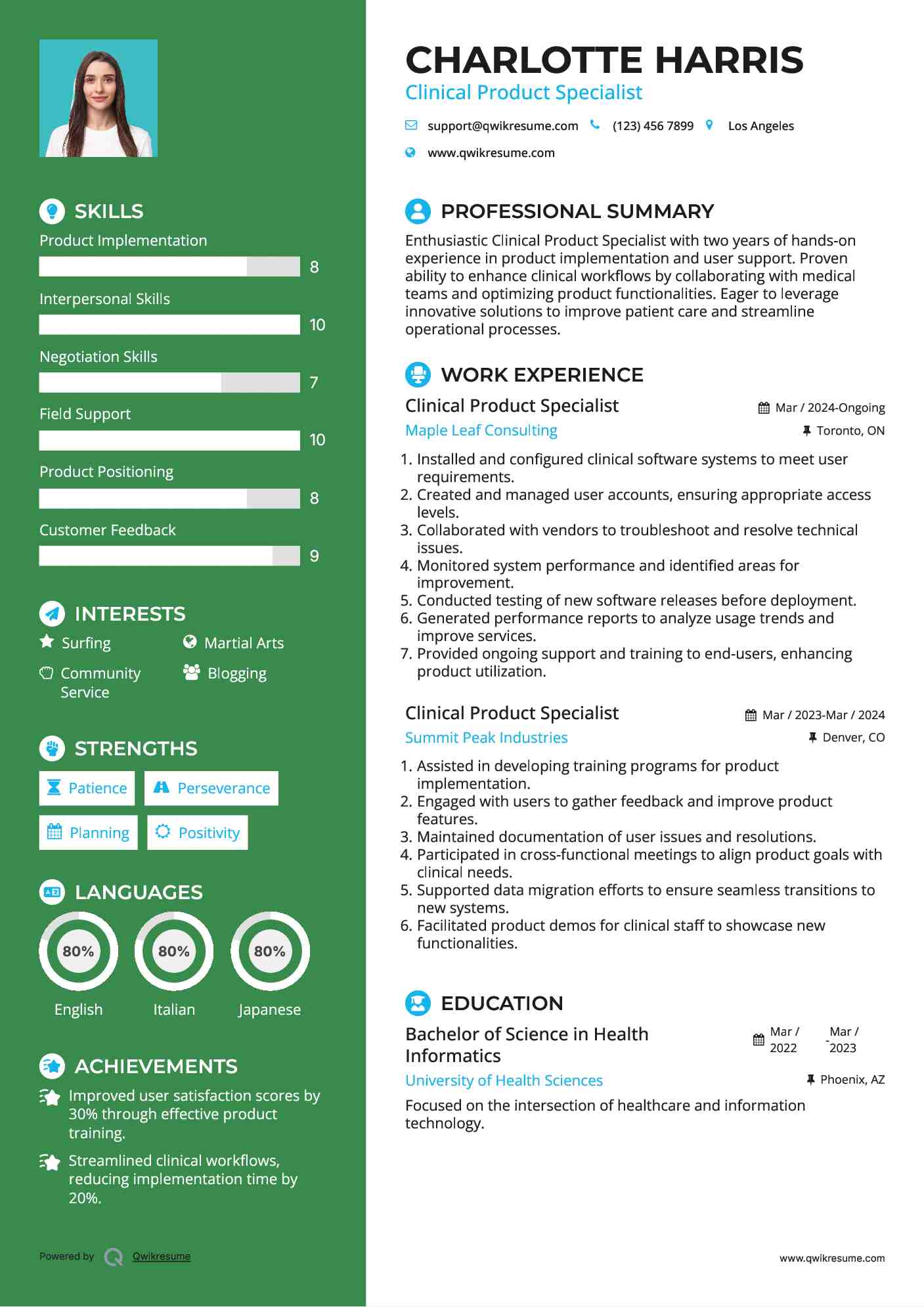Clinical Product Specialist Resume Model