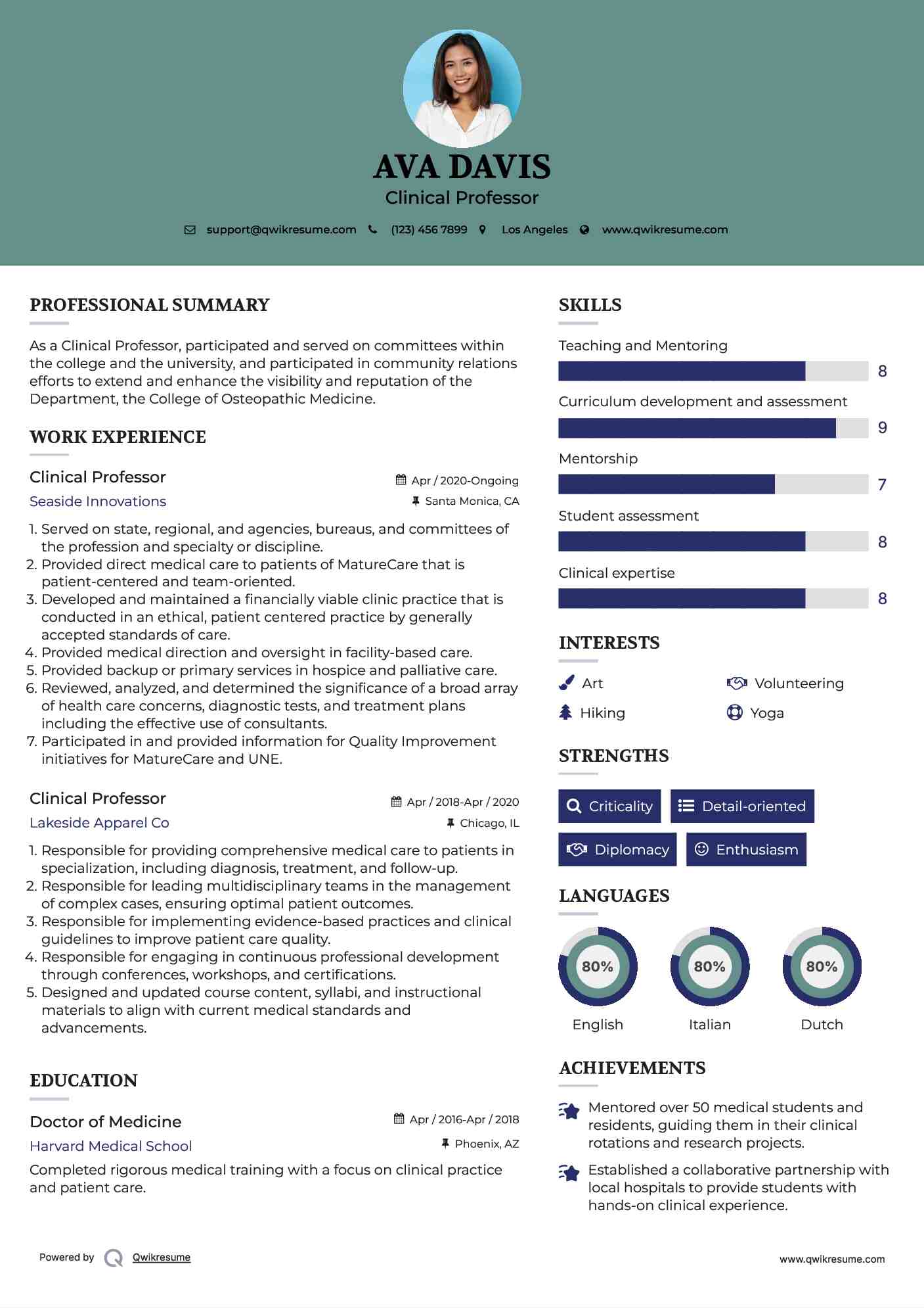 Clinical Professor Resume Example
