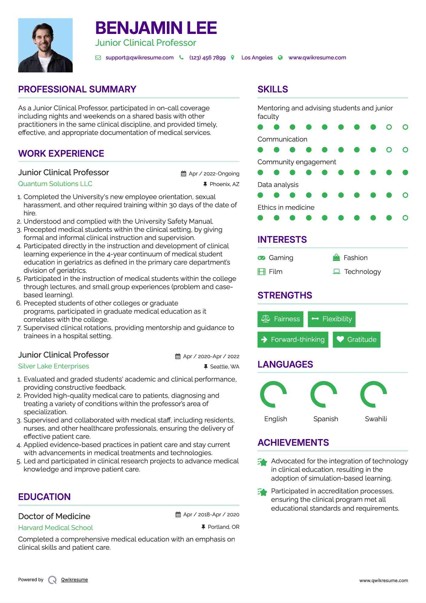 Junior Clinical Professor Resume Example