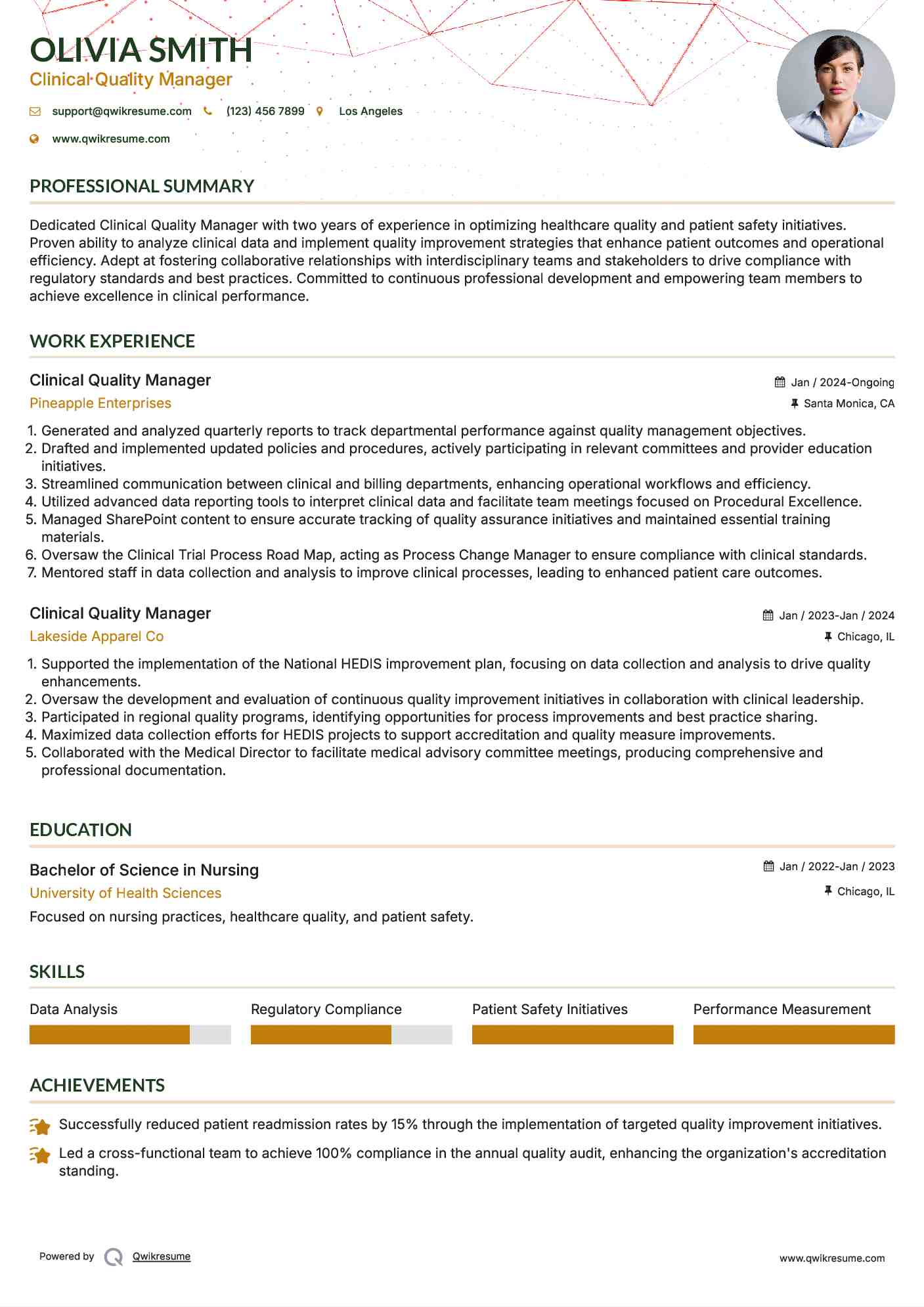 Clinical Quality Manager Resume Model