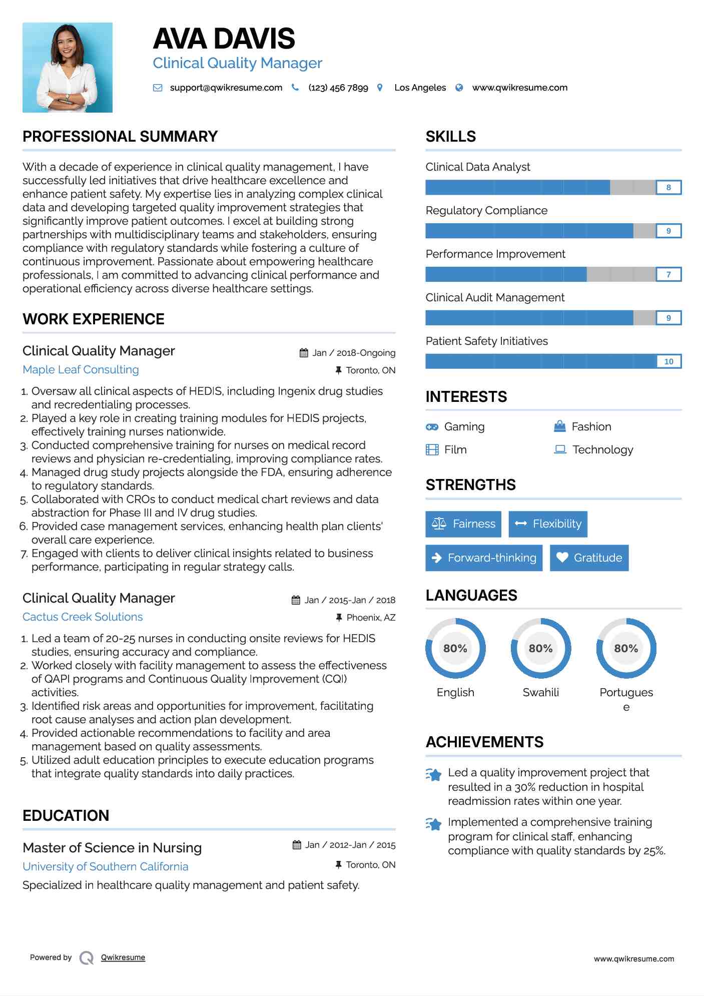 Clinical Quality Manager Resume Template