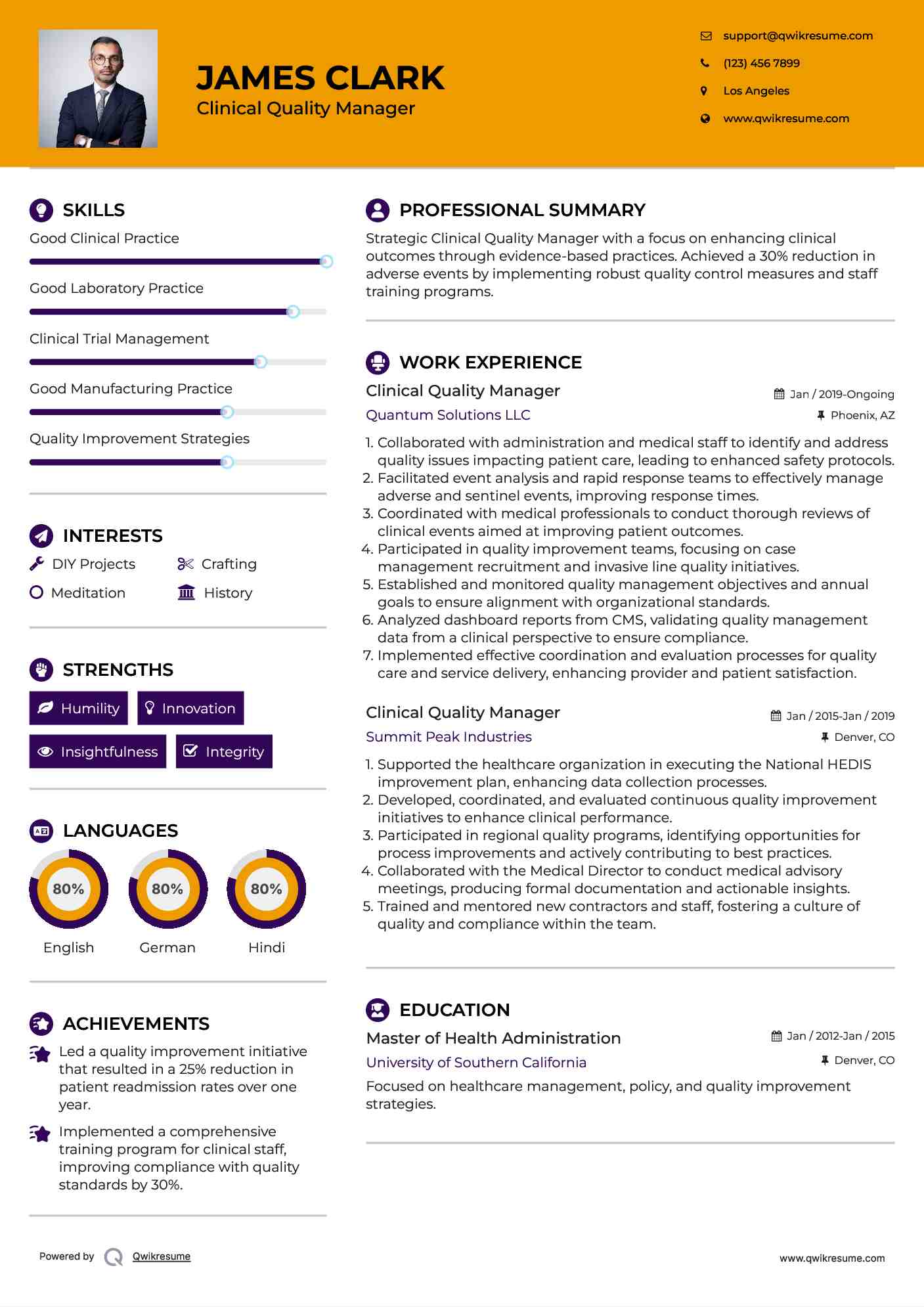 Clinical Quality Manager Resume Example