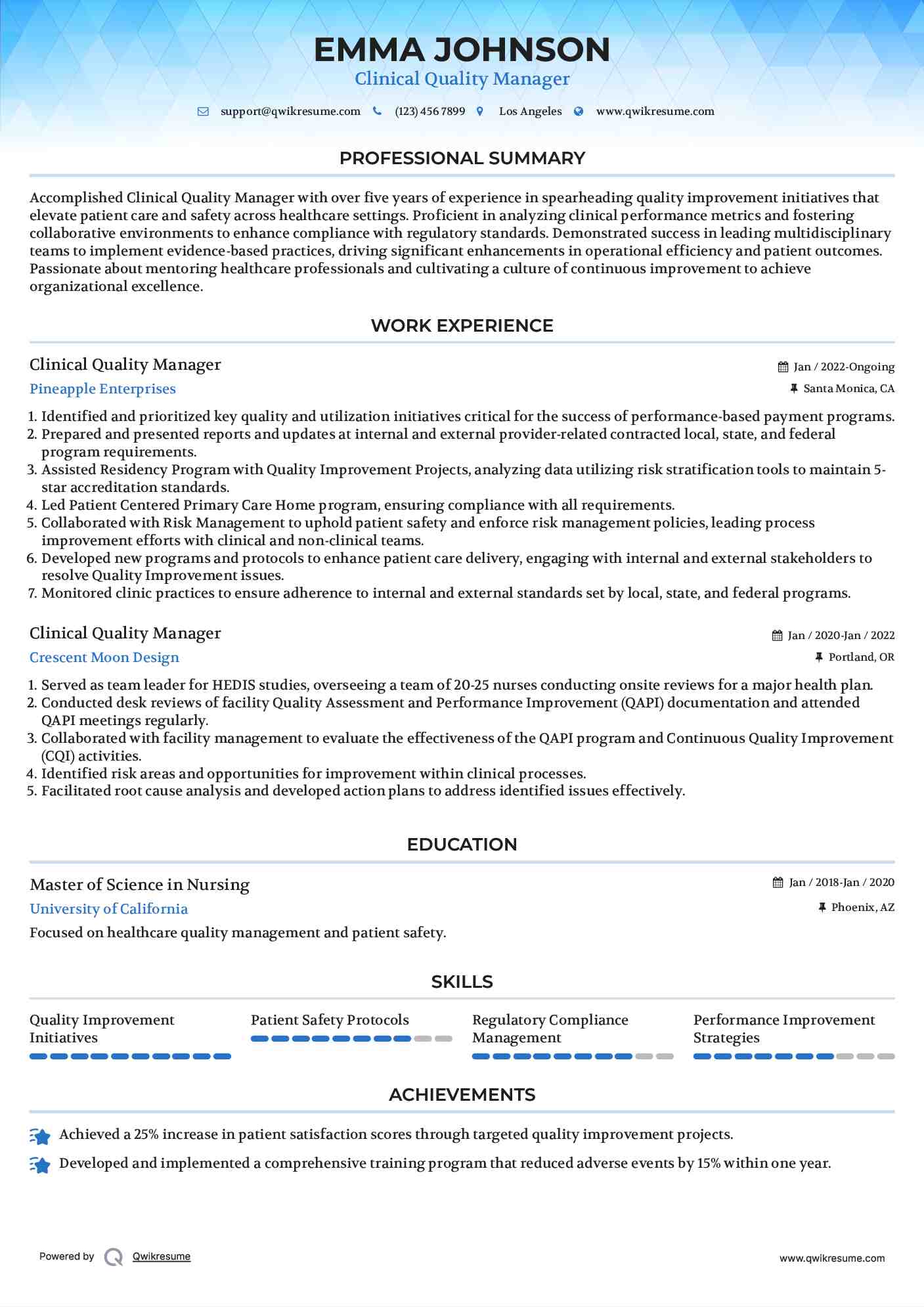 Clinical Quality Manager Resume Sample
