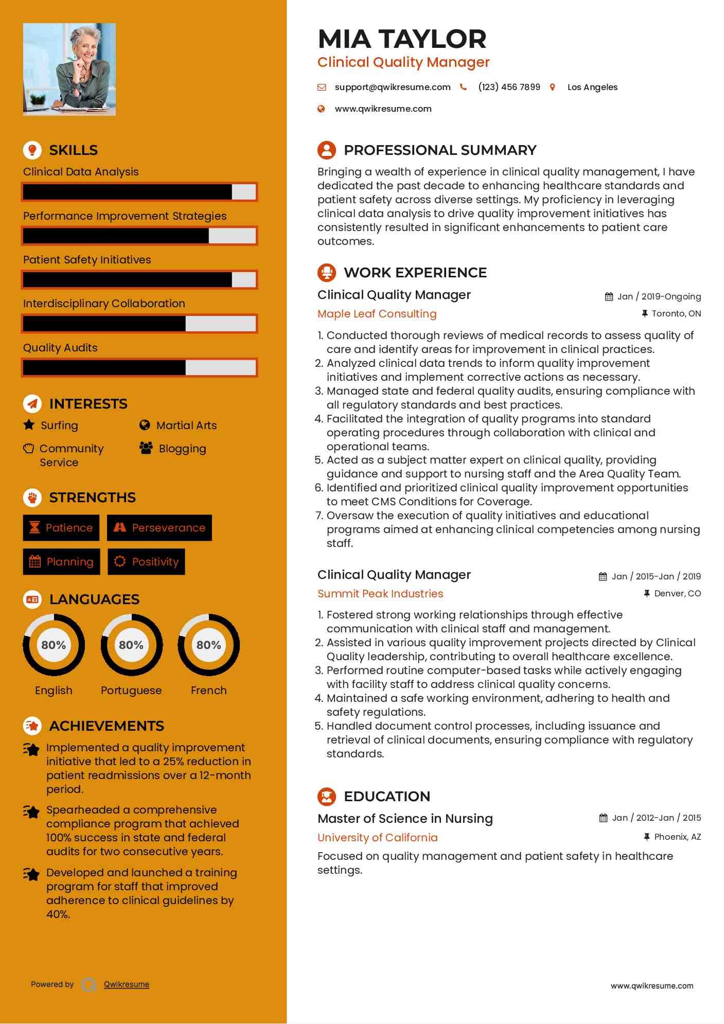 Clinical Quality Manager Resume Example