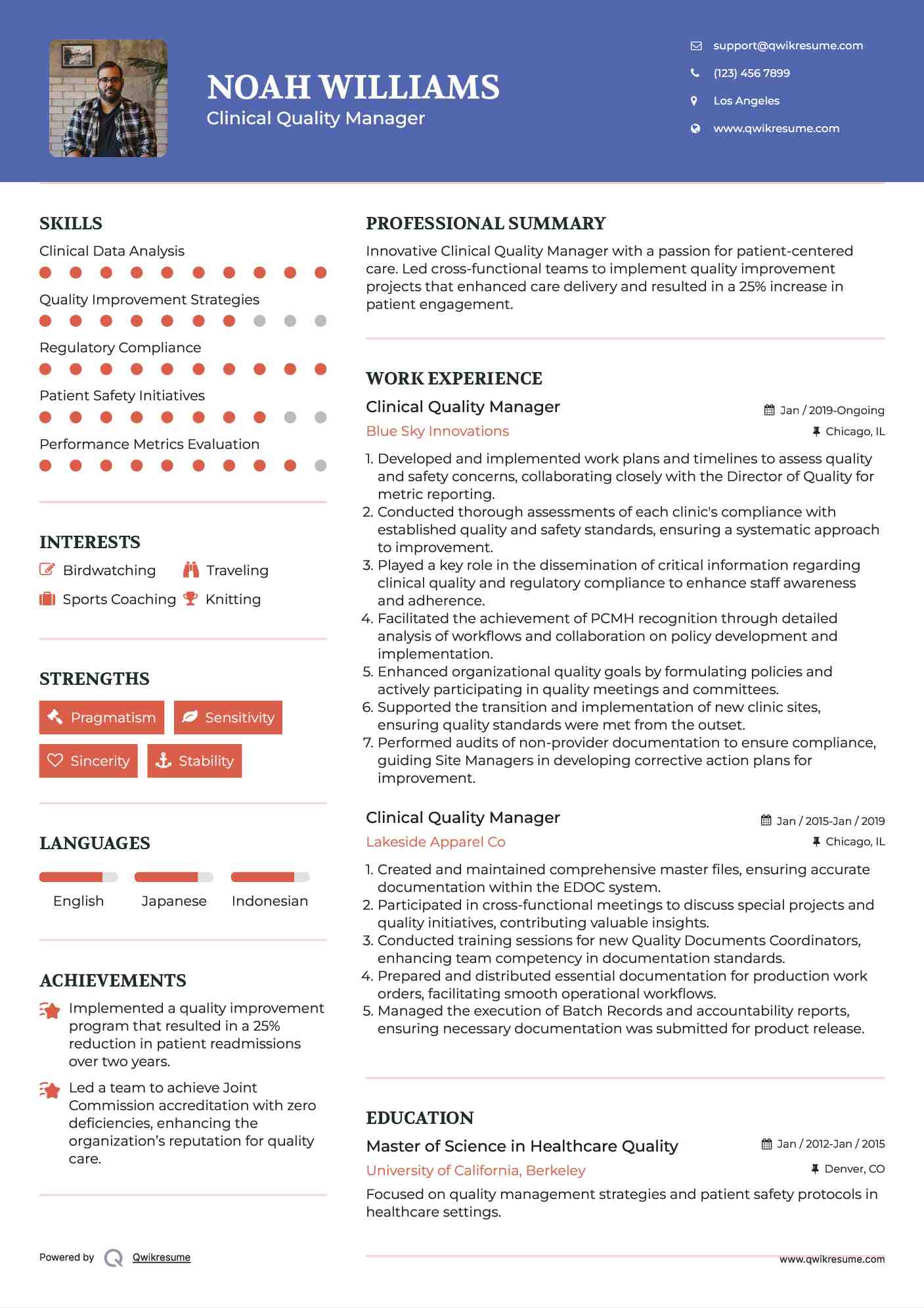 Clinical Quality Manager Resume Template